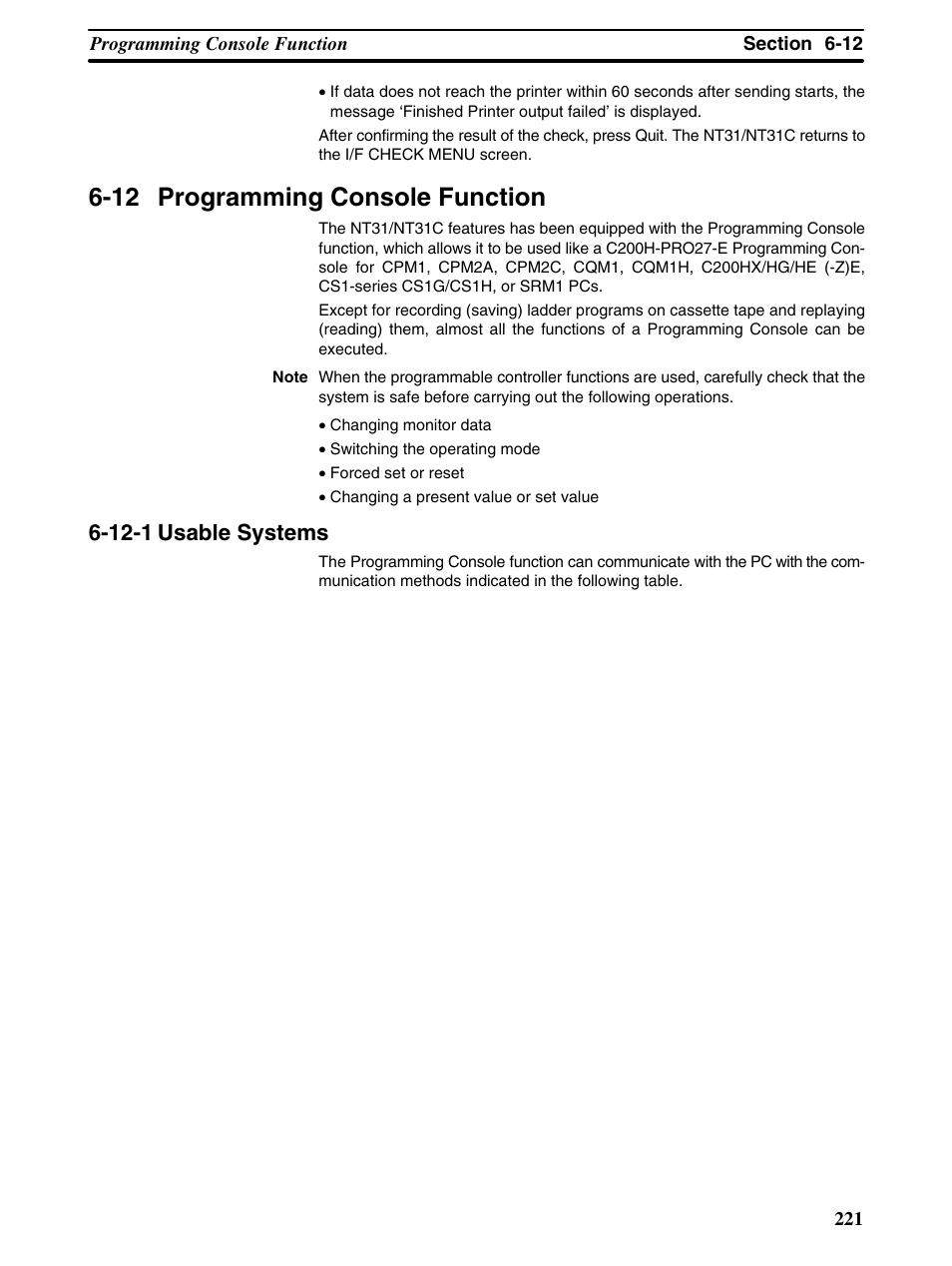 12 programming console function, 12-1 usable systems | Omron Programmable Terminals NT31 NT31C User Manual | Page 231 / 296