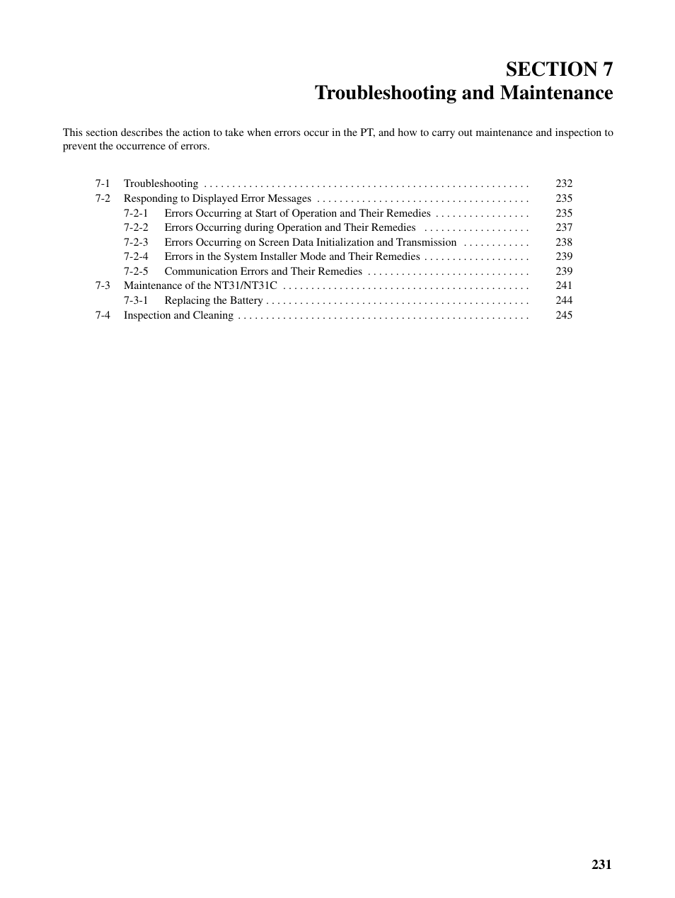 Section 7 troubleshooting and maintenance | Omron Programmable Terminals NT31 NT31C User Manual | Page 241 / 296