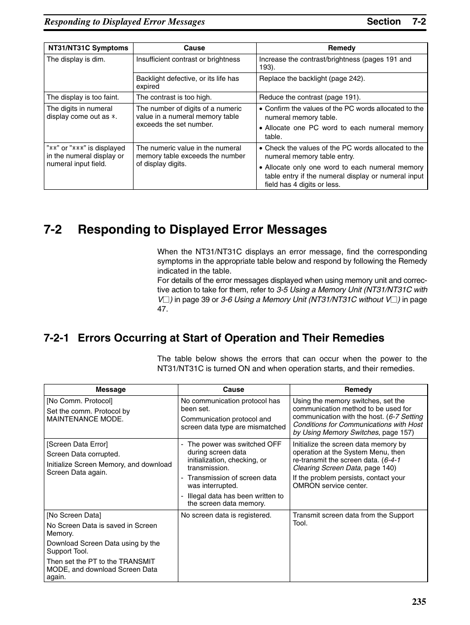 2 responding to displayed error messages | Omron Programmable Terminals NT31 NT31C User Manual | Page 245 / 296