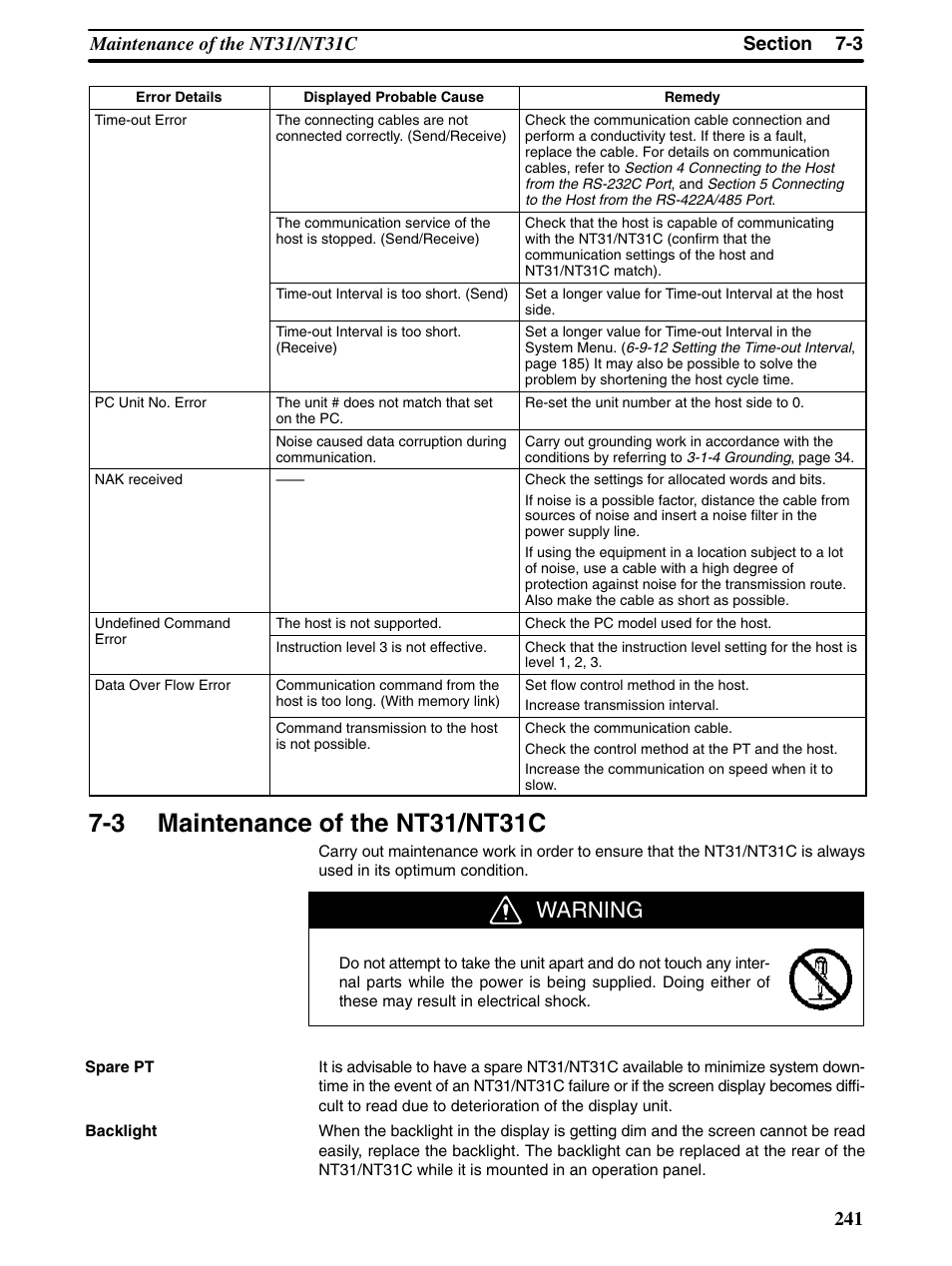3 maintenance of the nt31/nt31c, Warning | Omron Programmable Terminals NT31 NT31C User Manual | Page 251 / 296