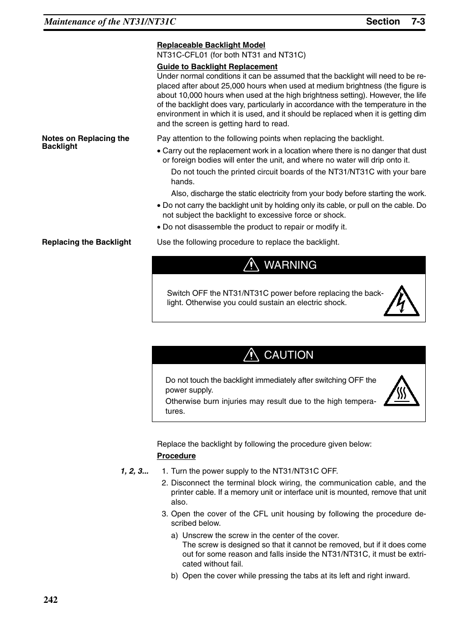 Warning, Caution | Omron Programmable Terminals NT31 NT31C User Manual | Page 252 / 296