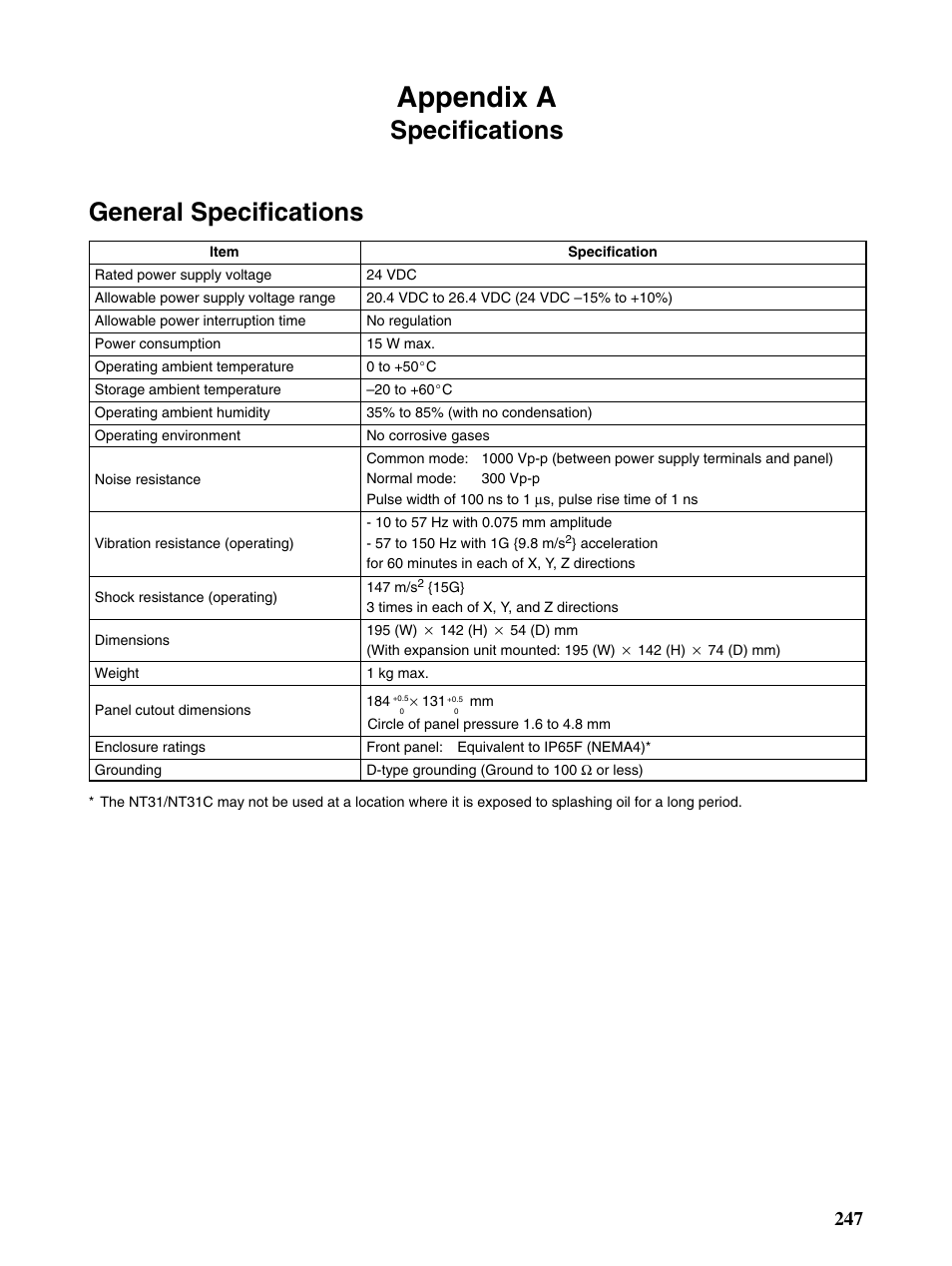 Appendices, A specifications, Appendix a | Specifications general specifications | Omron Programmable Terminals NT31 NT31C User Manual | Page 257 / 296