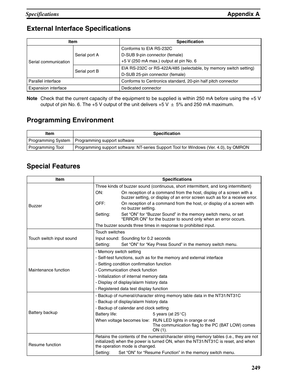 External interface specifications, Programming environment, Special features | Appendix a specifications 249 | Omron Programmable Terminals NT31 NT31C User Manual | Page 259 / 296