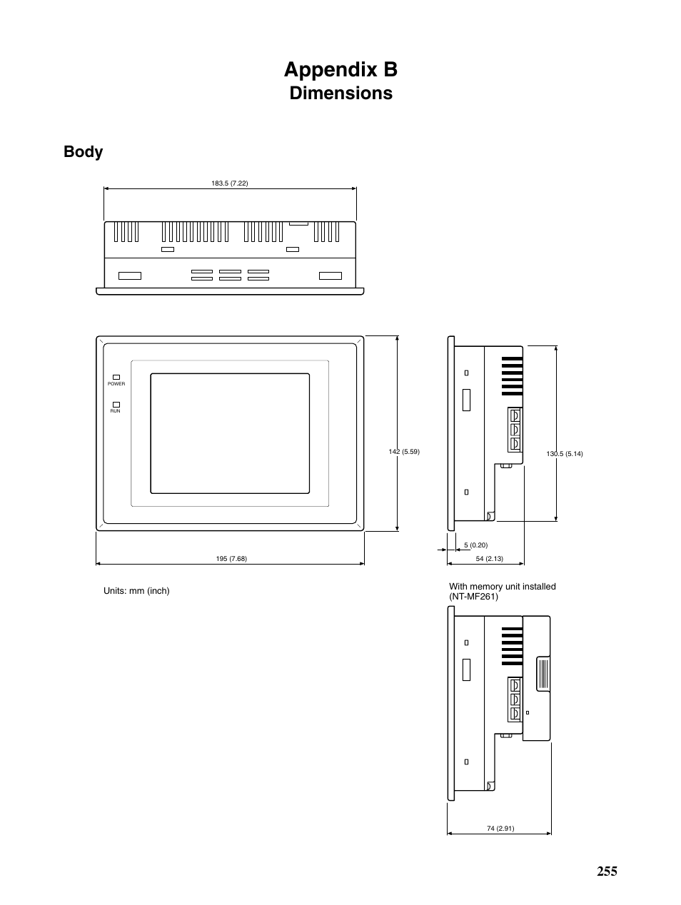 B dimensions, Appendix b, Dimensions | Body | Omron Programmable Terminals NT31 NT31C User Manual | Page 264 / 296