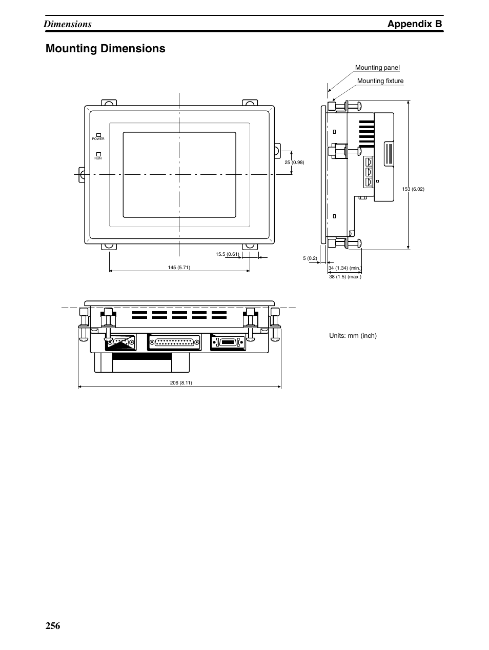 Mounting dimensions, Appendix b dimensions 256 | Omron Programmable Terminals NT31 NT31C User Manual | Page 265 / 296