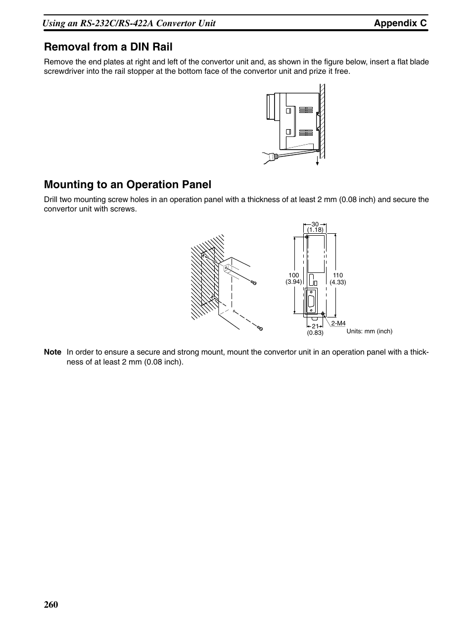 Removal from a din rail, Mounting to an operation panel | Omron Programmable Terminals NT31 NT31C User Manual | Page 268 / 296