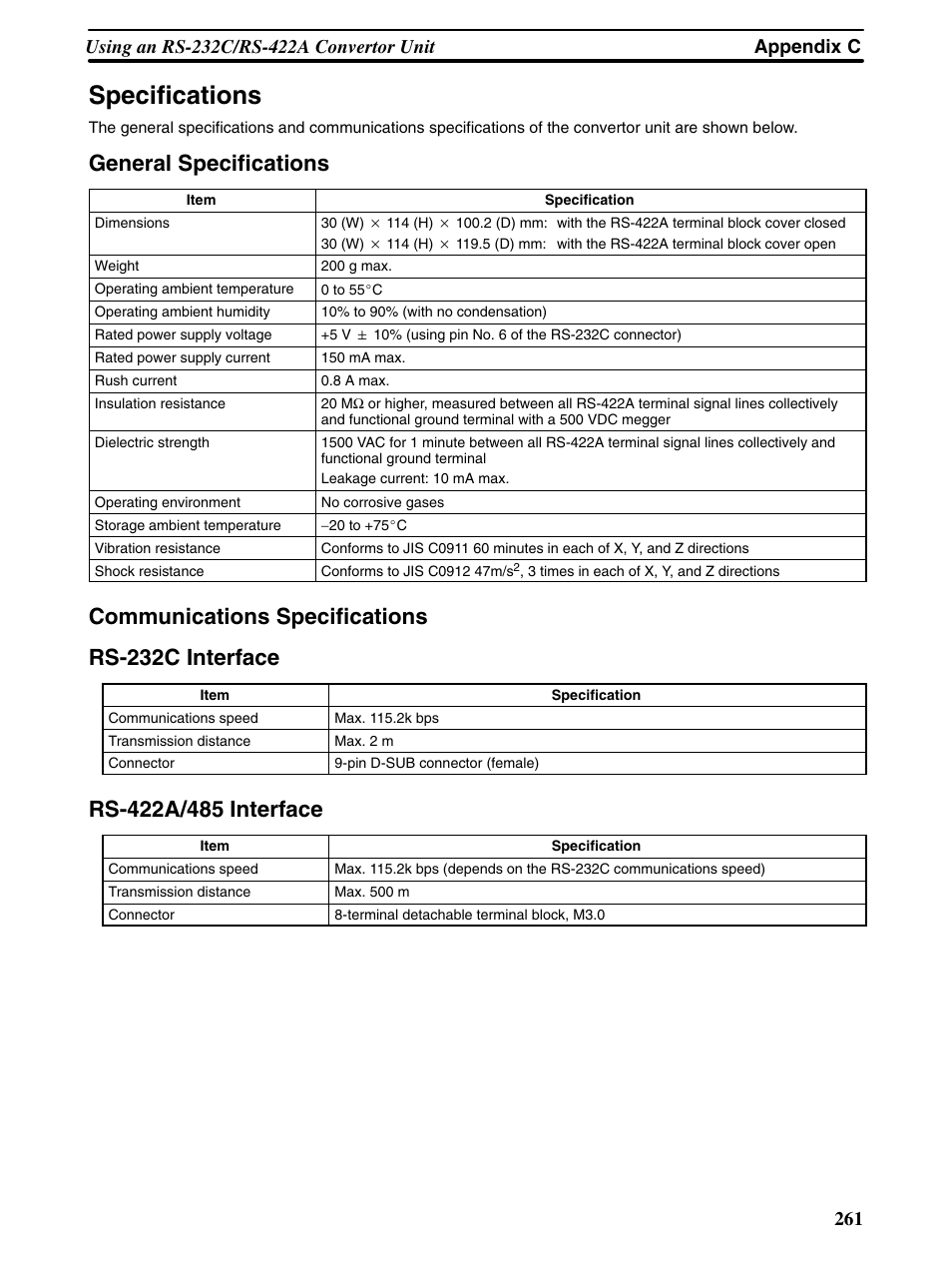 Specifications, General specifications, Communications specifications rs-232c interface | Omron Programmable Terminals NT31 NT31C User Manual | Page 269 / 296