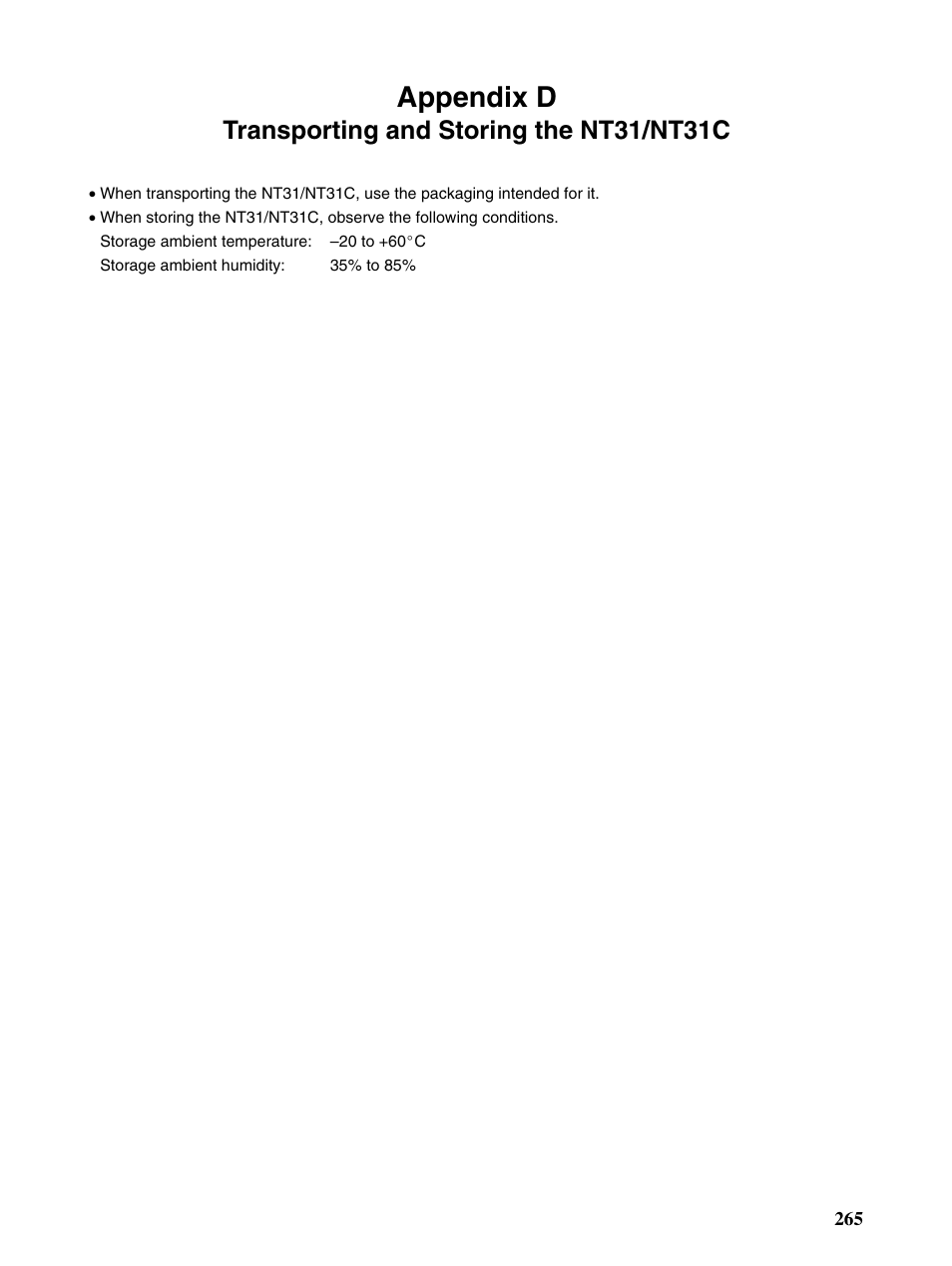 D transporting and storing the nt31/nt31c, Appendix d, Transporting and storing the nt31/nt31c | Omron Programmable Terminals NT31 NT31C User Manual | Page 273 / 296