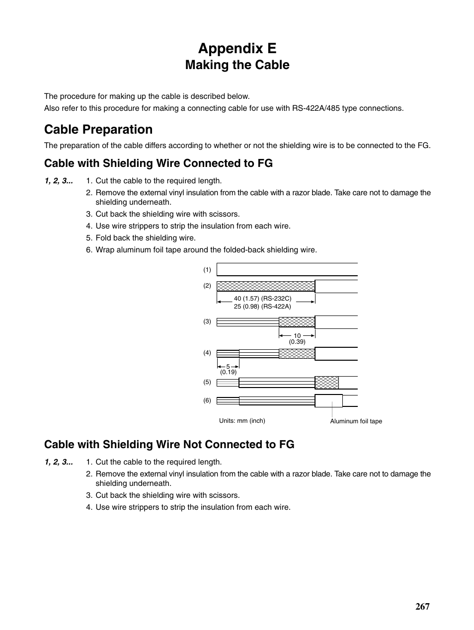 E making the cable, Appendix e, Making the cable | Cable preparation, Cable with shielding wire connected to fg, Cable with shielding wire not connected to fg | Omron Programmable Terminals NT31 NT31C User Manual | Page 274 / 296