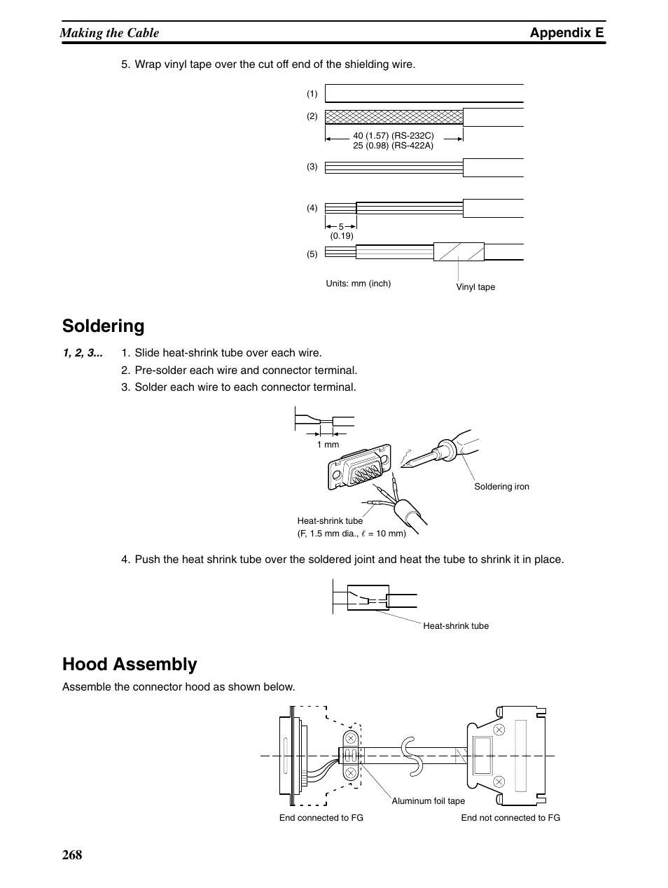 Soldering, Hood assembly, Appendix e making the cable 268 | Omron Programmable Terminals NT31 NT31C User Manual | Page 275 / 296