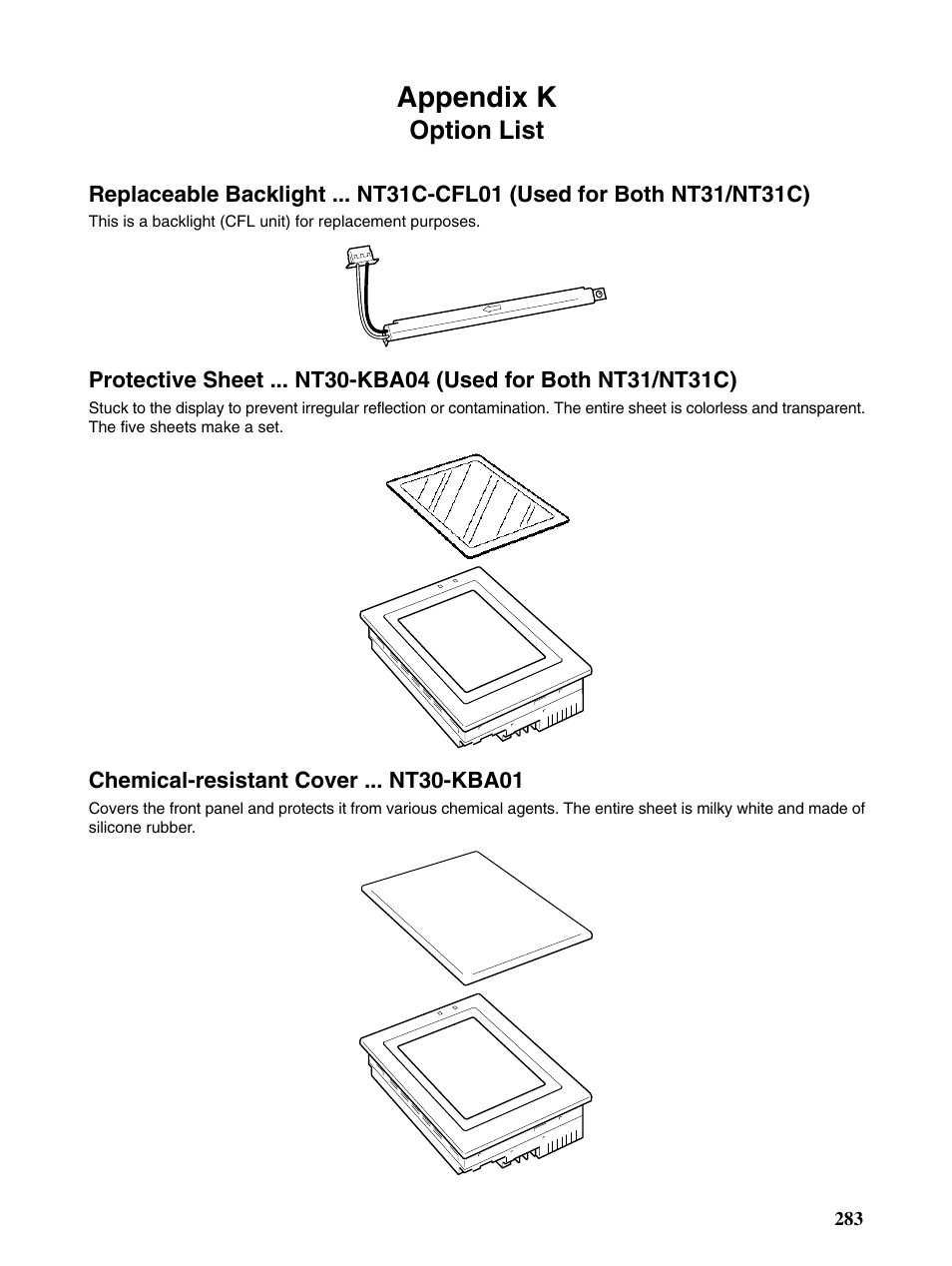 K option list, Appendix k, Option list | Omron Programmable Terminals NT31 NT31C User Manual | Page 287 / 296