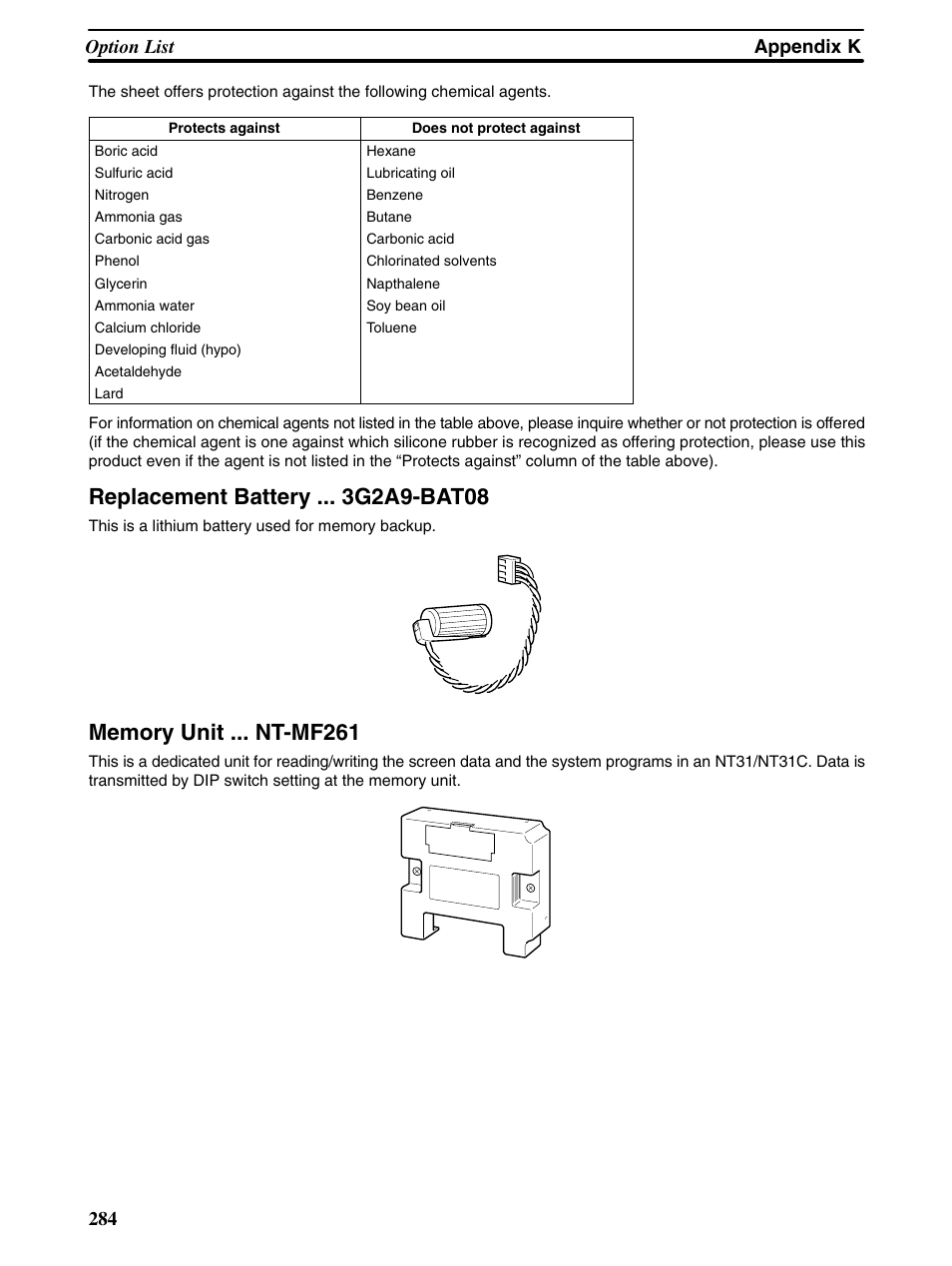Replacement battery g2a9-bat08, Appendix k option list 284 | Omron Programmable Terminals NT31 NT31C User Manual | Page 288 / 296