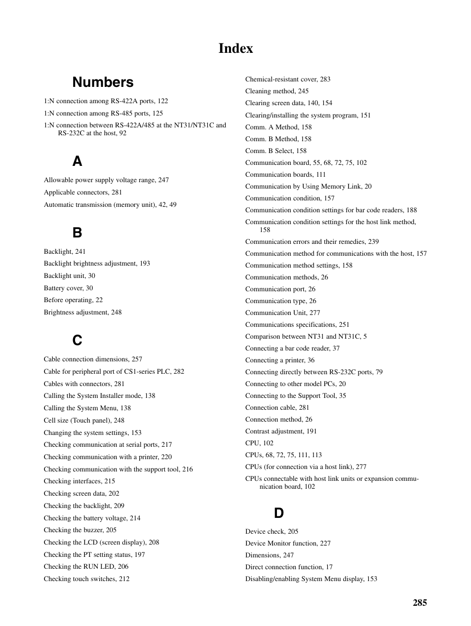 Index, Index numbers | Omron Programmable Terminals NT31 NT31C User Manual | Page 289 / 296