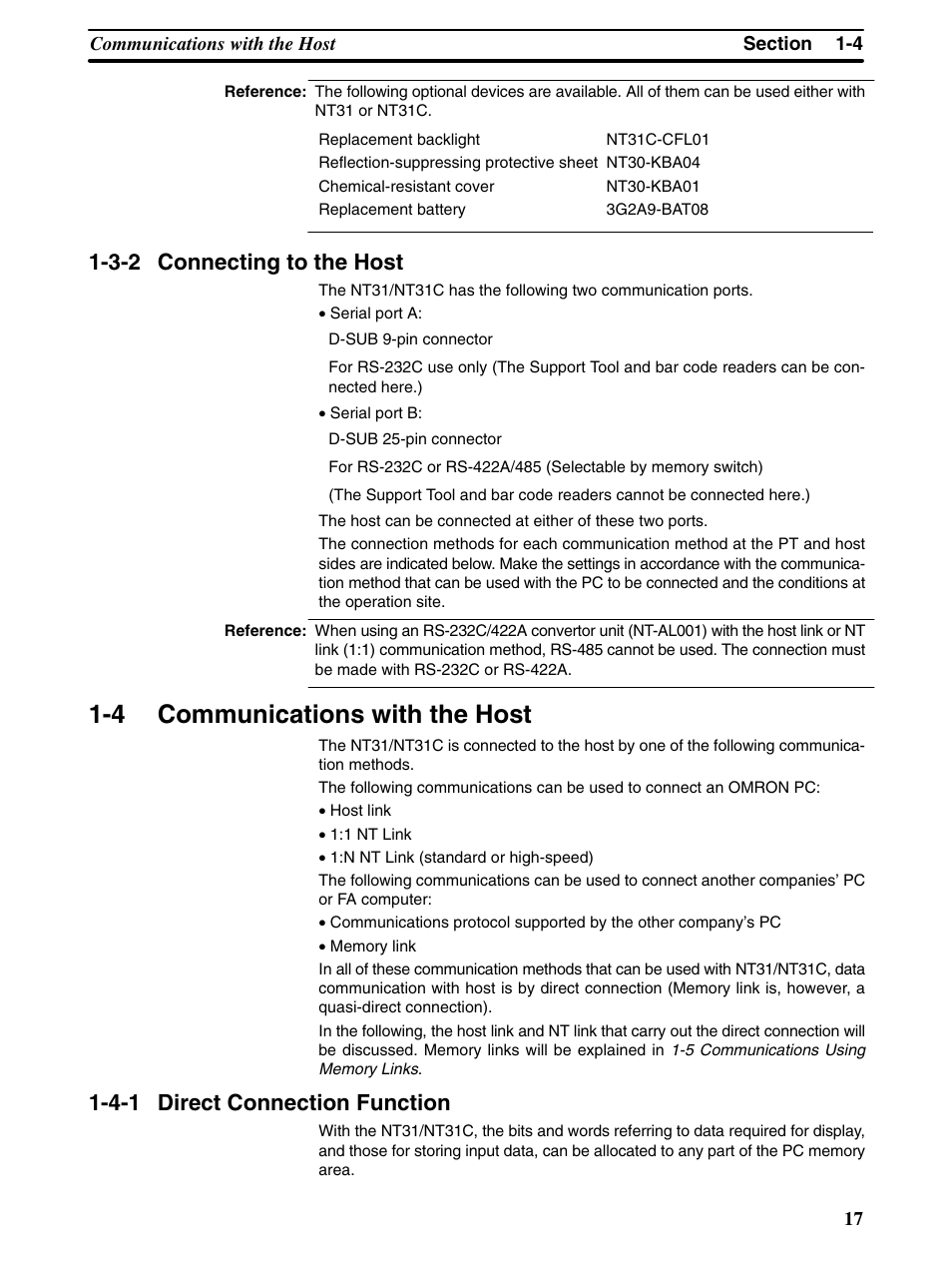 4 communications with the host, 3-2 connecting to the host, 4-1 direct connection function | Omron Programmable Terminals NT31 NT31C User Manual | Page 29 / 296