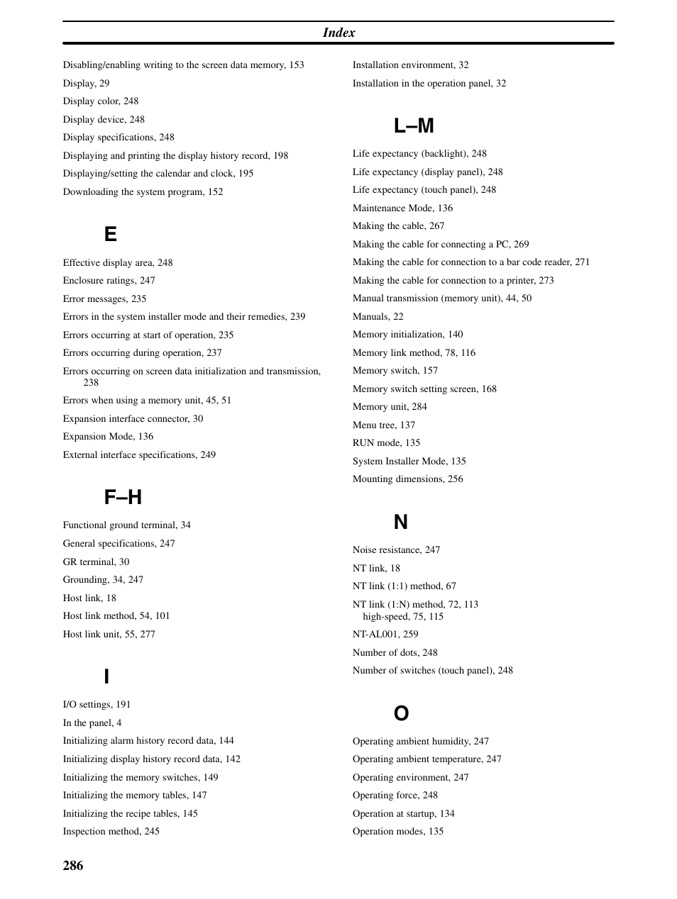 Index 286 | Omron Programmable Terminals NT31 NT31C User Manual | Page 290 / 296