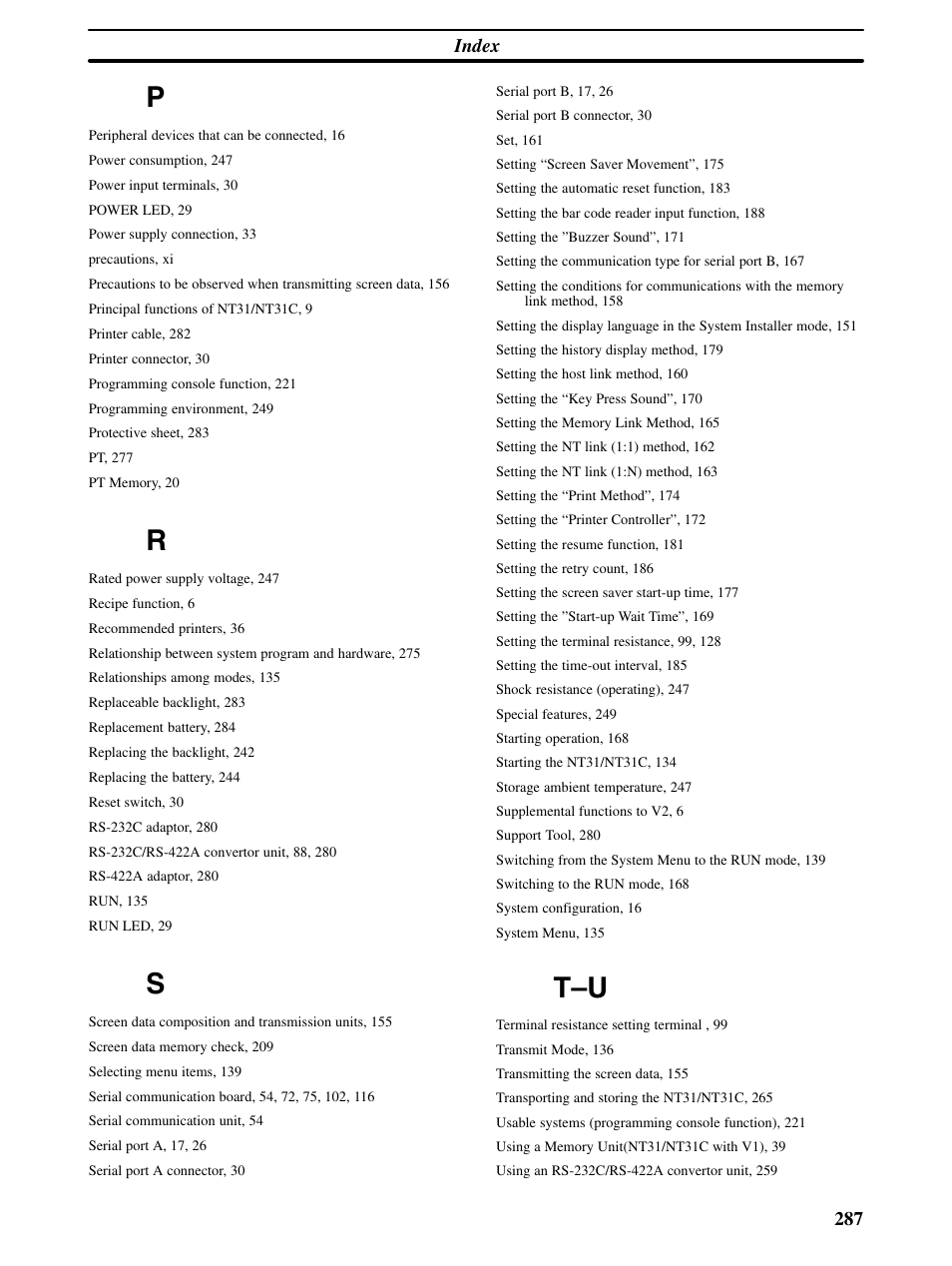 Index 287 | Omron Programmable Terminals NT31 NT31C User Manual | Page 291 / 296