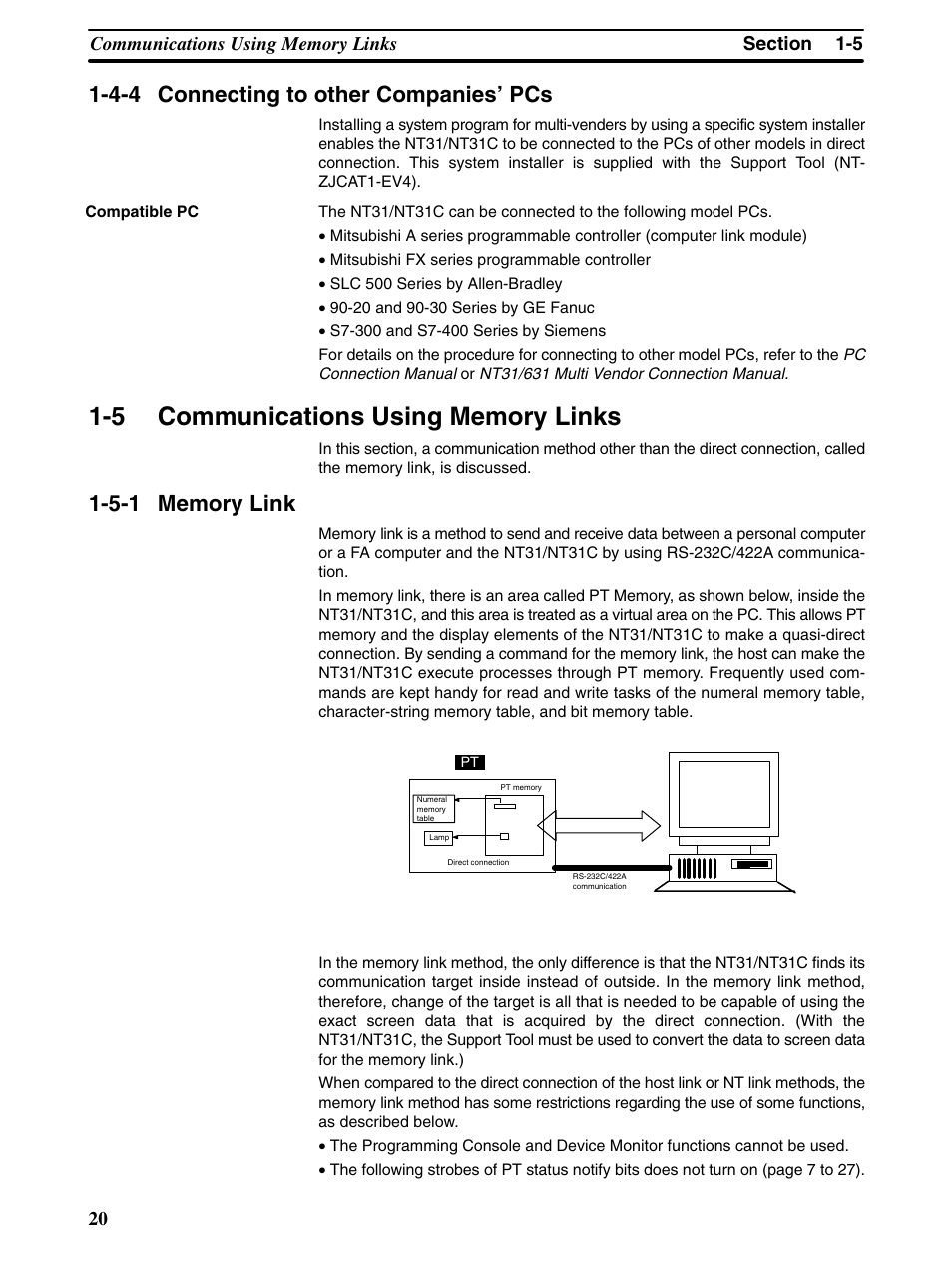 5 communications using memory links, 4-4 connecting to other companies’ pcs | Omron Programmable Terminals NT31 NT31C User Manual | Page 32 / 296