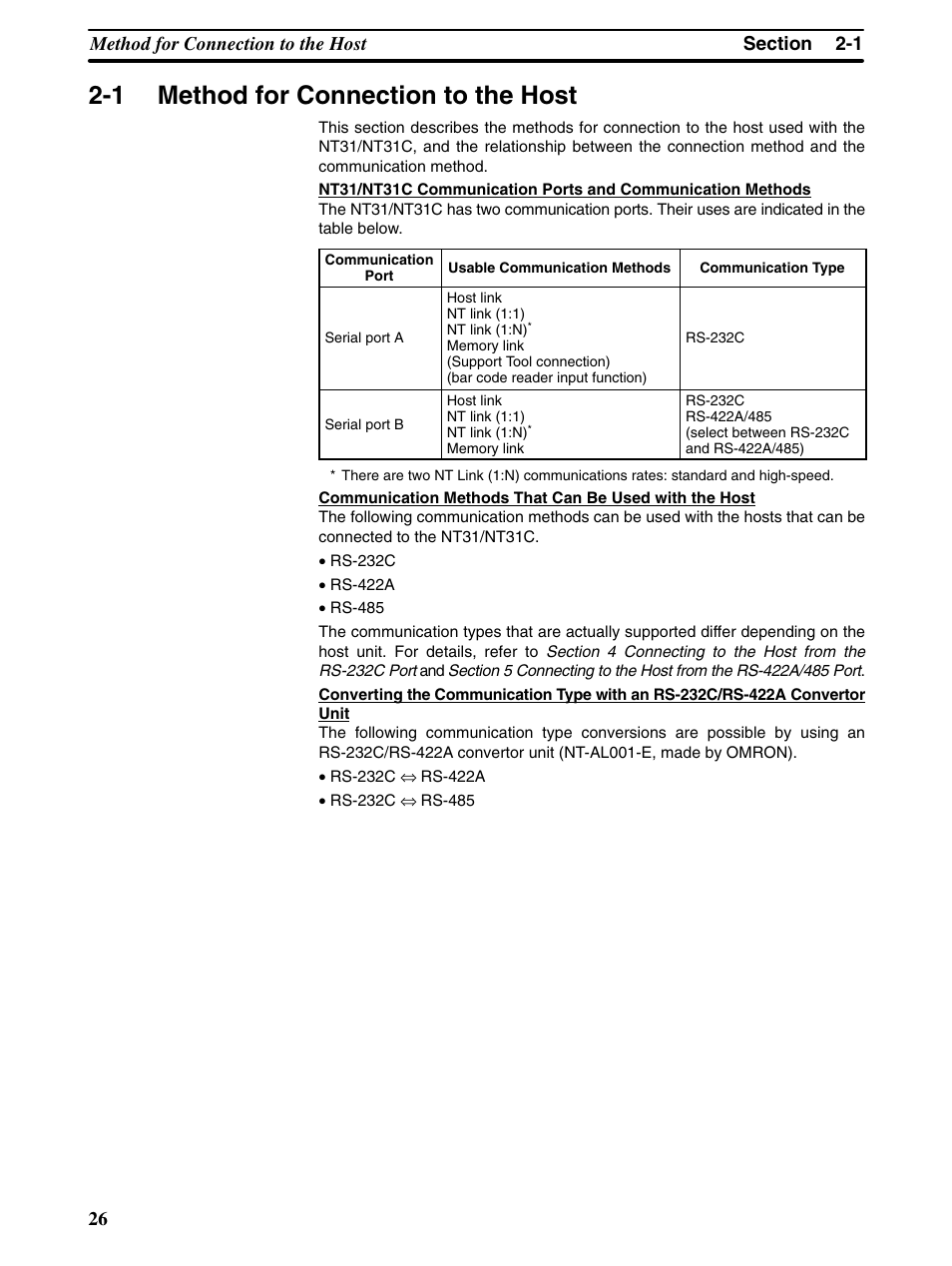 1 method for connection to the host | Omron Programmable Terminals NT31 NT31C User Manual | Page 37 / 296