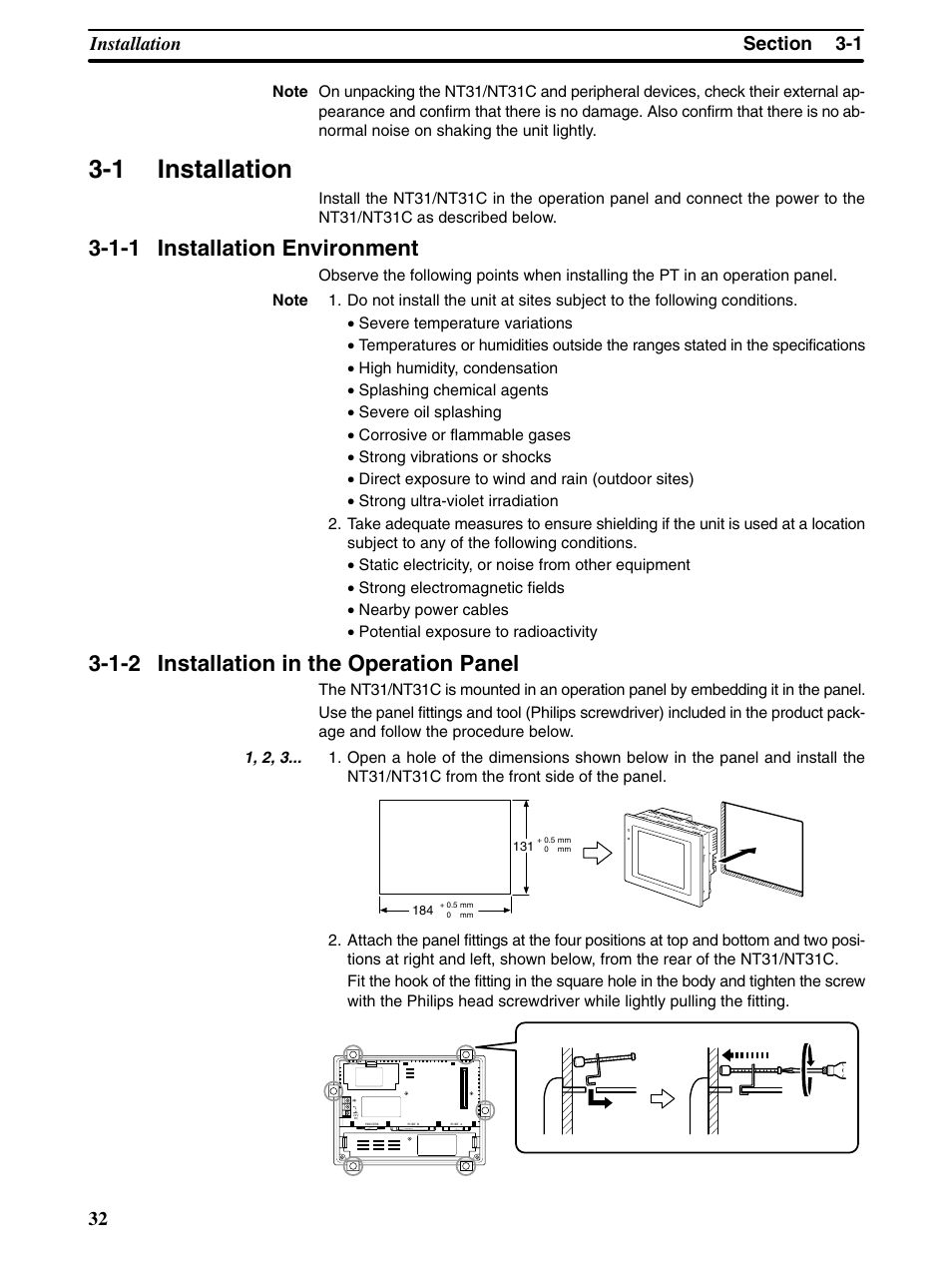 1 installation, 1-1 installation environment, 1-2 installation in the operation panel | Omron Programmable Terminals NT31 NT31C User Manual | Page 43 / 296