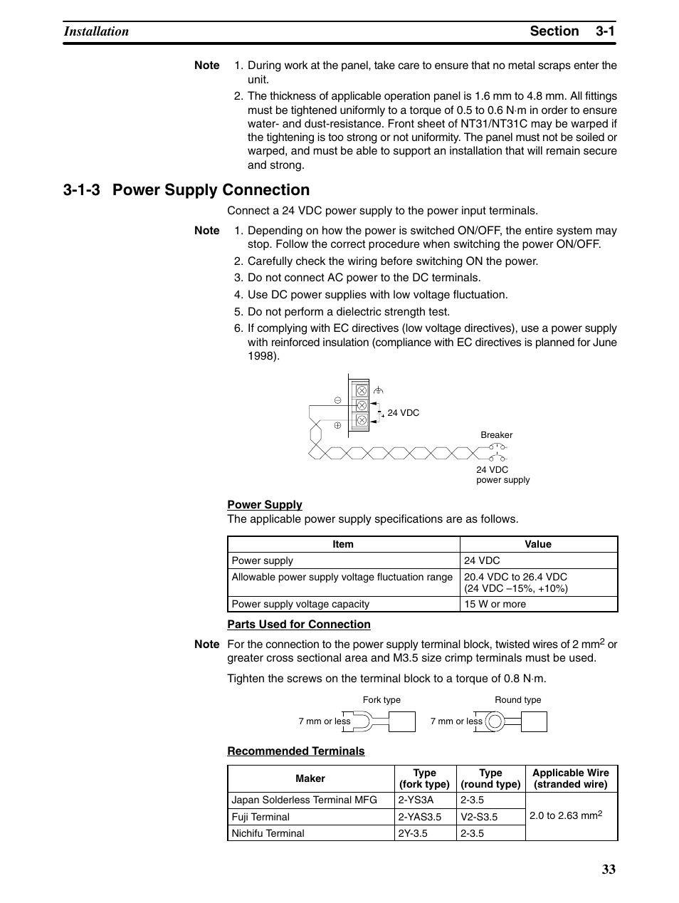 1-3 power supply connection | Omron Programmable Terminals NT31 NT31C User Manual | Page 44 / 296