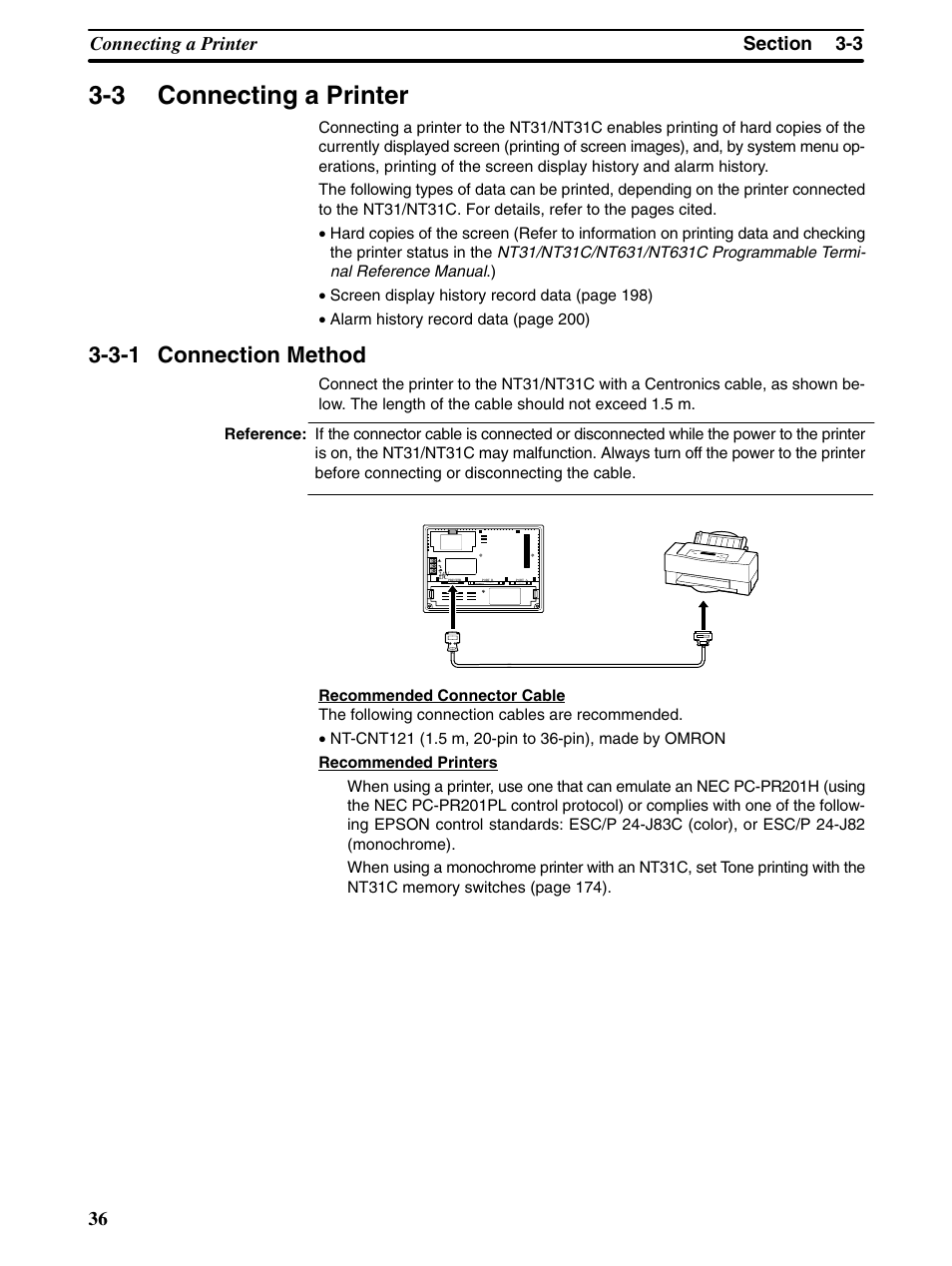 3 connecting a printer, 3-1 connection method | Omron Programmable Terminals NT31 NT31C User Manual | Page 47 / 296