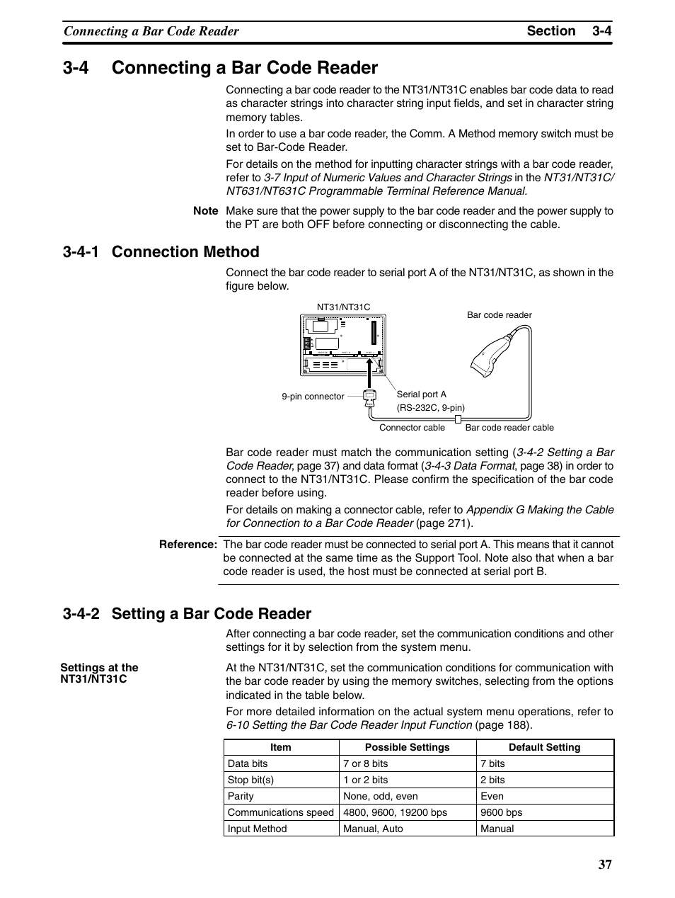 4 connecting a bar code reader, 4-1 connection method, 4-2 setting a bar code reader | Omron Programmable Terminals NT31 NT31C User Manual | Page 48 / 296