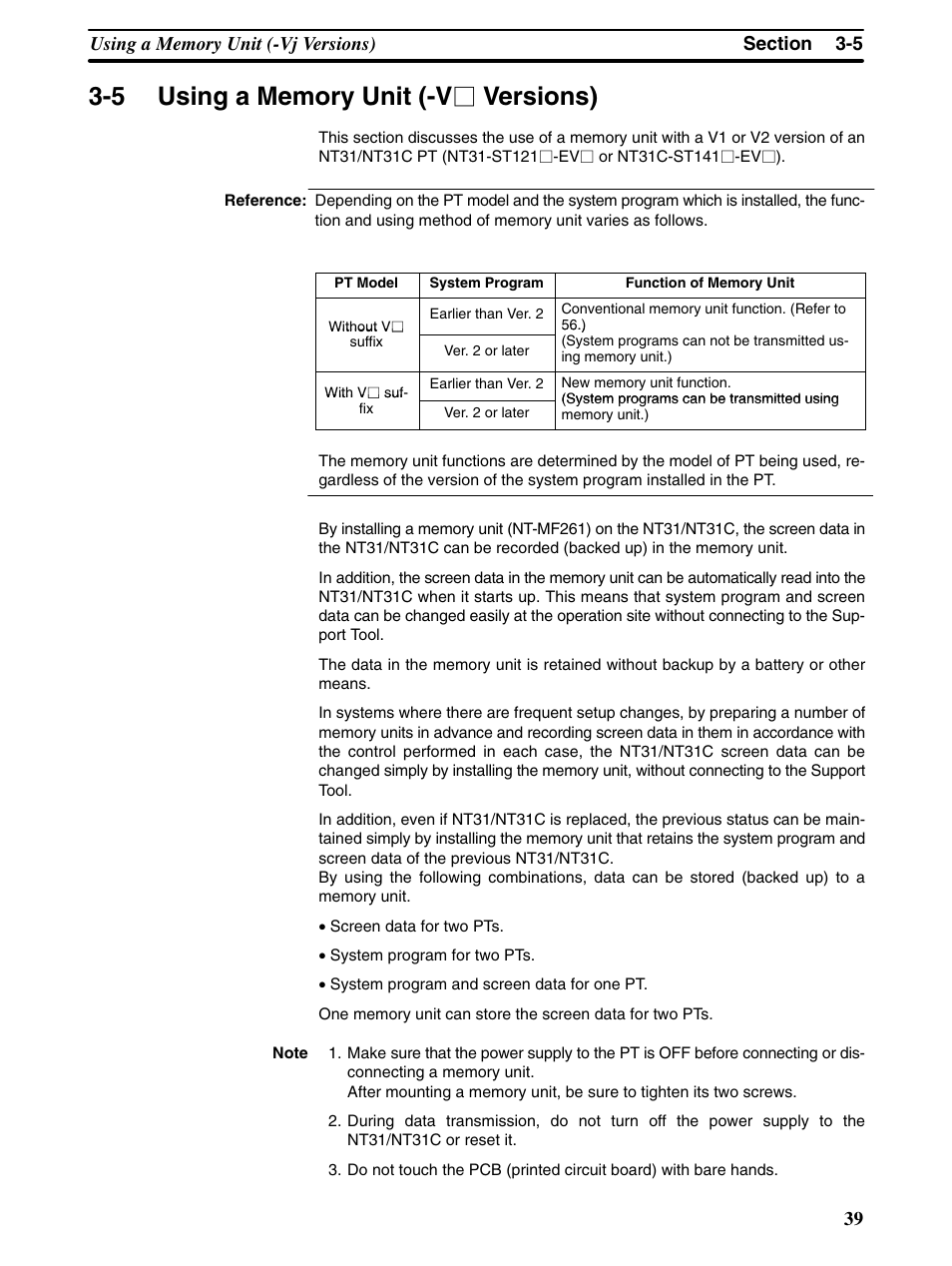 5 using a memory unit (-v.... versions) | Omron Programmable Terminals NT31 NT31C User Manual | Page 50 / 296