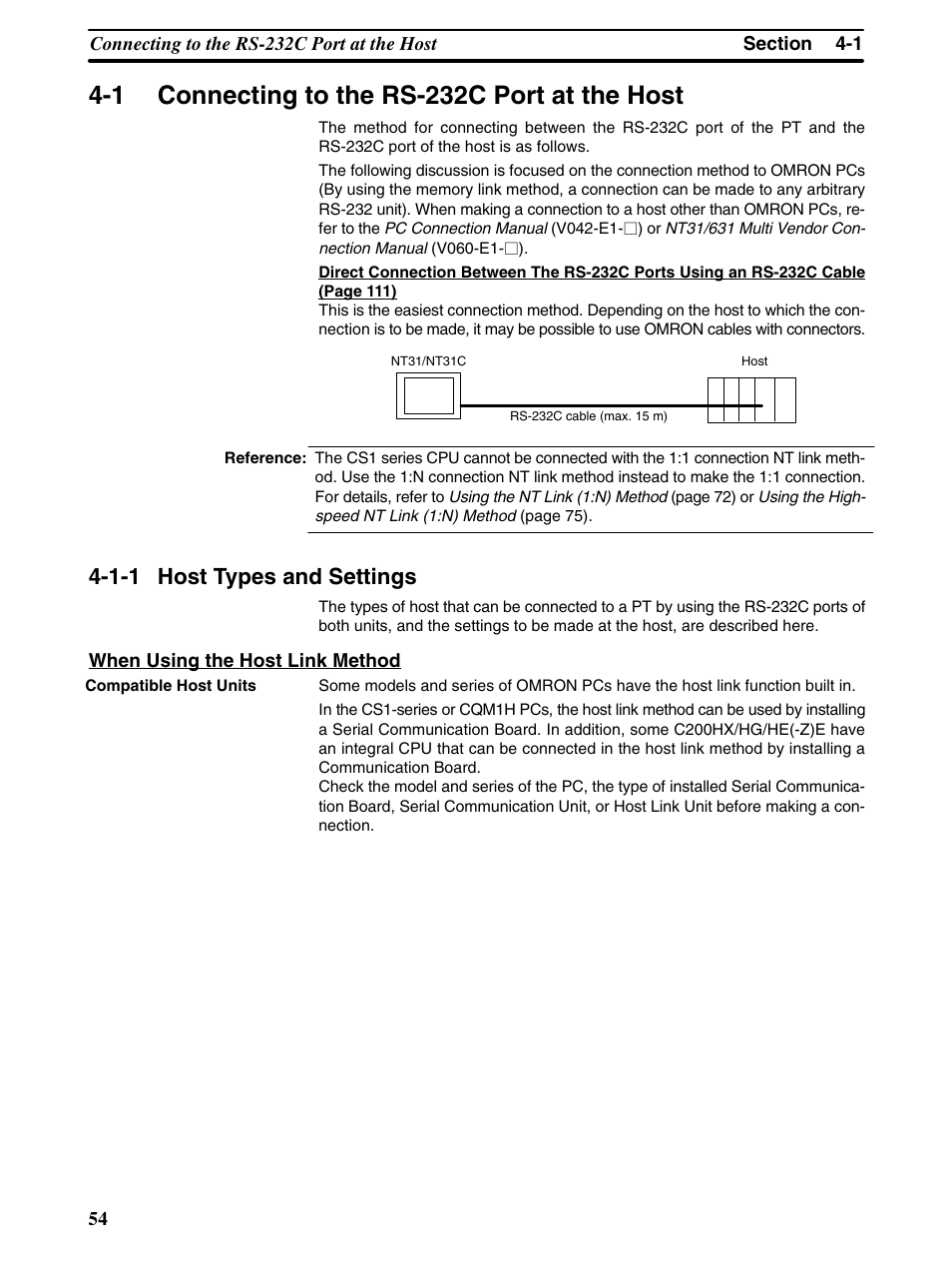 1 connecting to the rs-232c port at the host, 1-1 host types and settings | Omron Programmable Terminals NT31 NT31C User Manual | Page 65 / 296