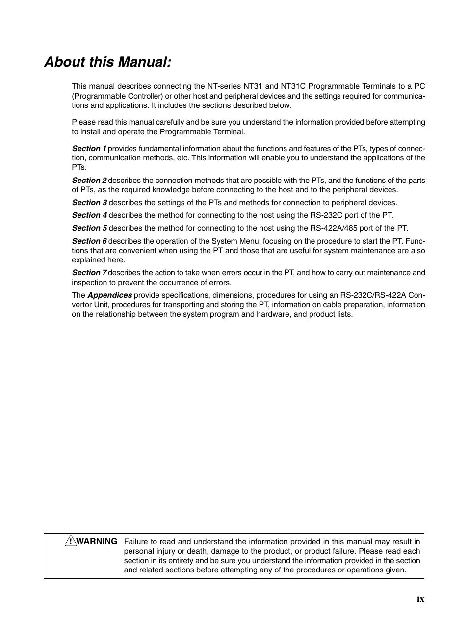 About this manual | Omron Programmable Terminals NT31 NT31C User Manual | Page 8 / 296