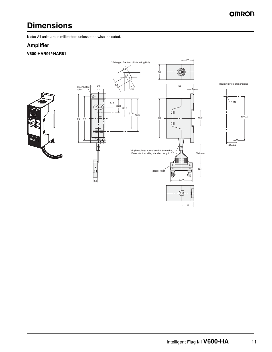 Dimensions, V600-ha, Amplifier | Intelligent flag i/ii | Omron V600-HA User Manual | Page 10 / 15