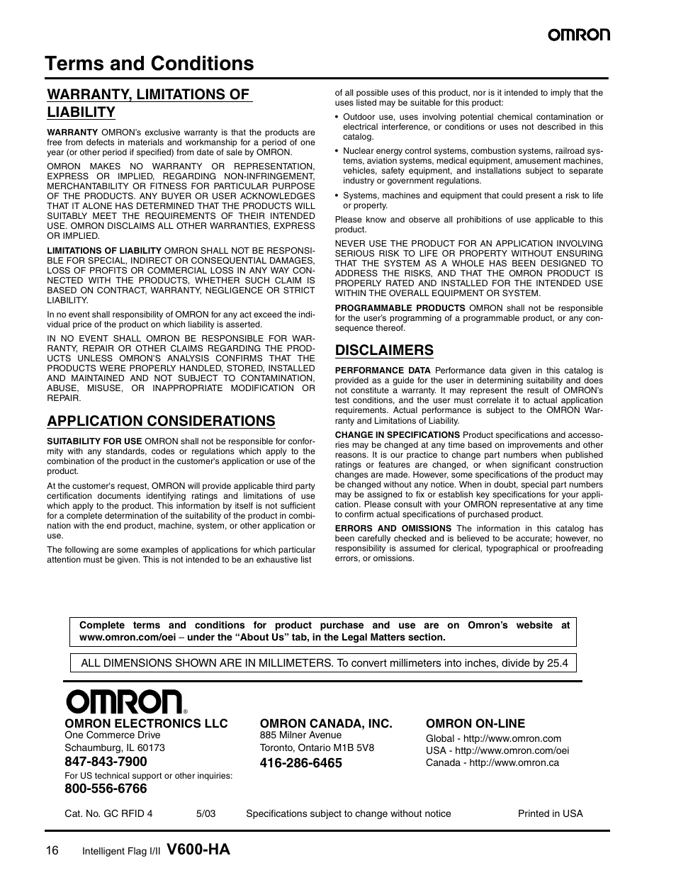 Terms and conditions, Contacting omron, V600-ha | Warranty, limitations of liability, Application considerations, Disclaimers | Omron V600-HA User Manual | Page 15 / 15