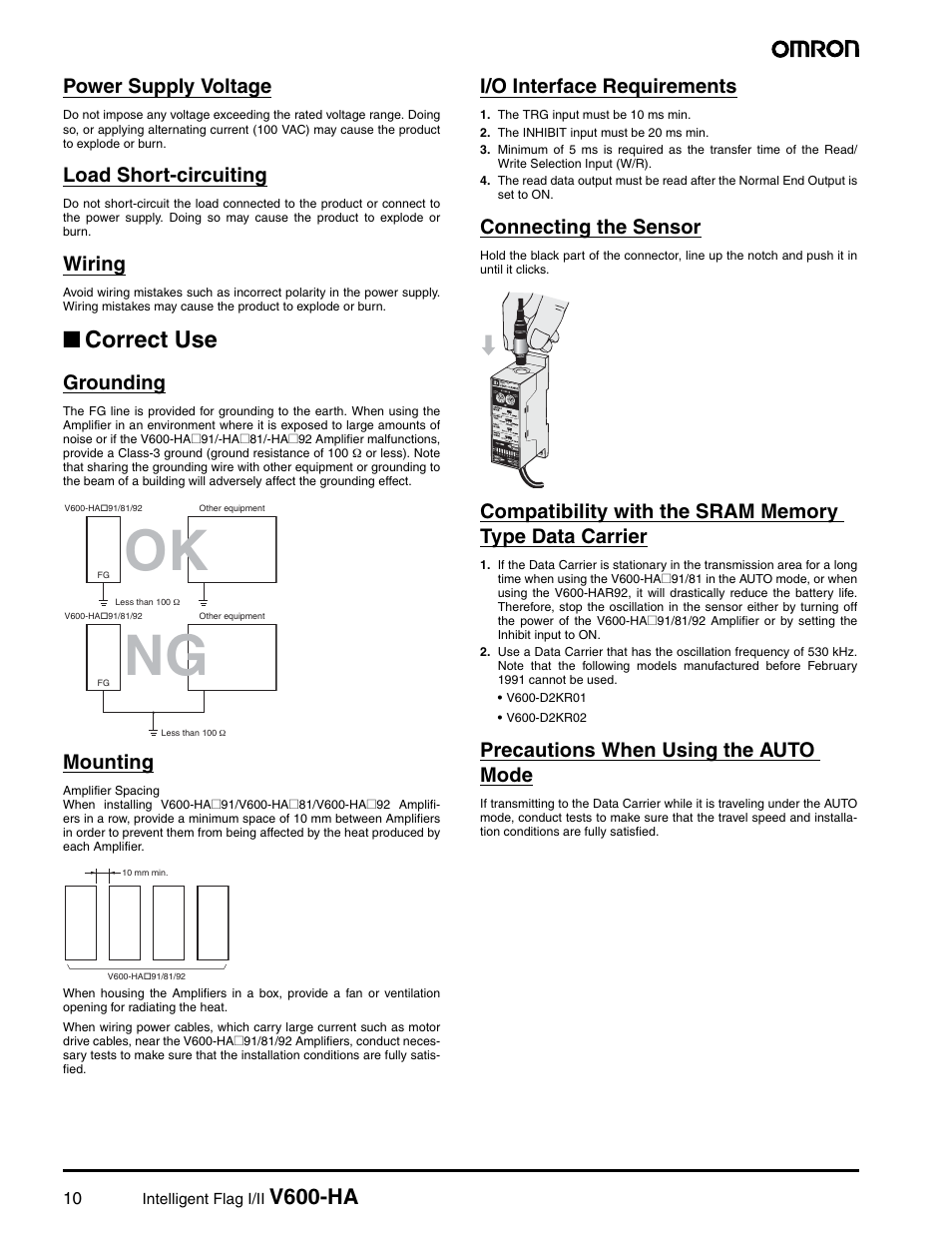 Ok ng, Correct use, V600-ha | Power supply voltage, Load short-circuiting, Wiring, Grounding, Mounting, I/o interface requirements, Connecting the sensor | Omron V600-HA User Manual | Page 9 / 15