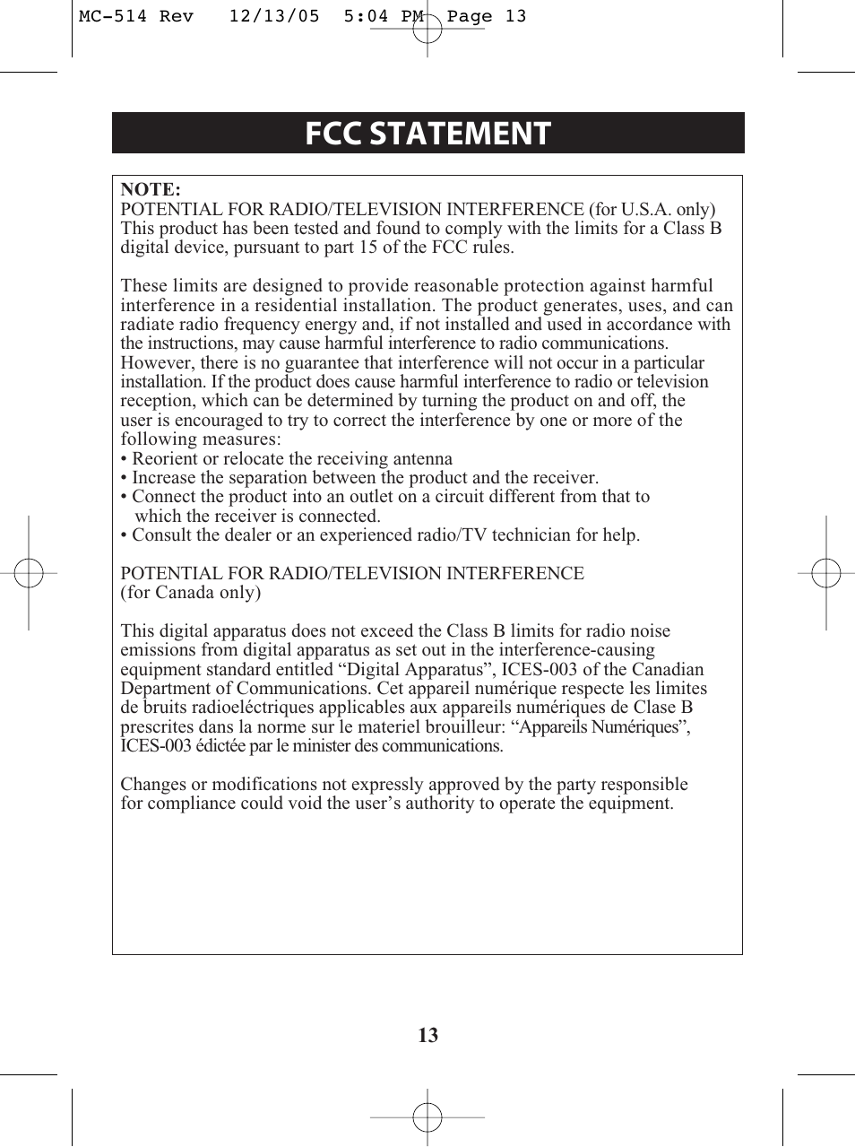 Title, Fcc statement | Omron MC 514 User Manual | Page 13 / 32