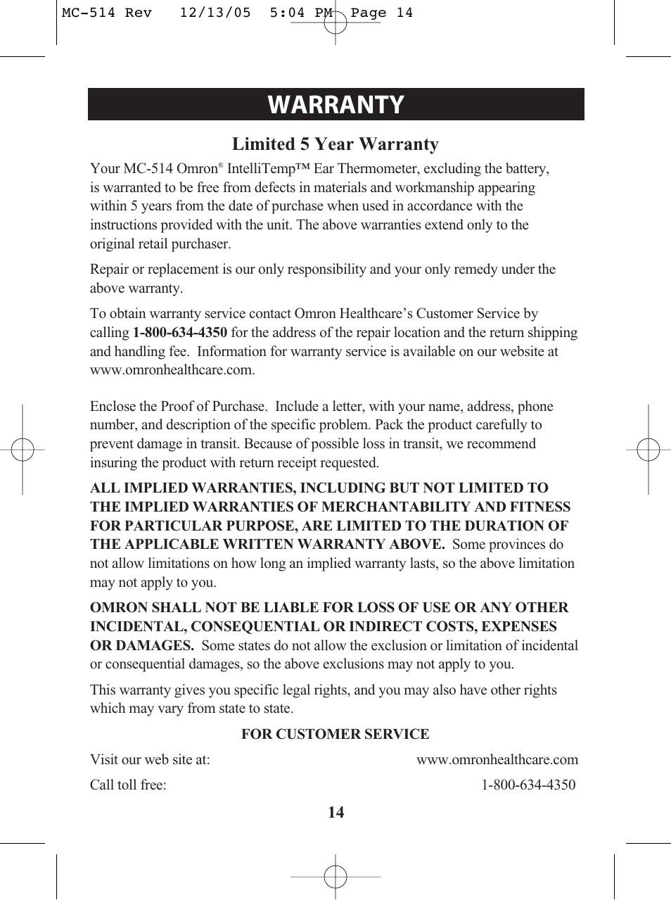 Title, Title warranty | Omron MC 514 User Manual | Page 14 / 32