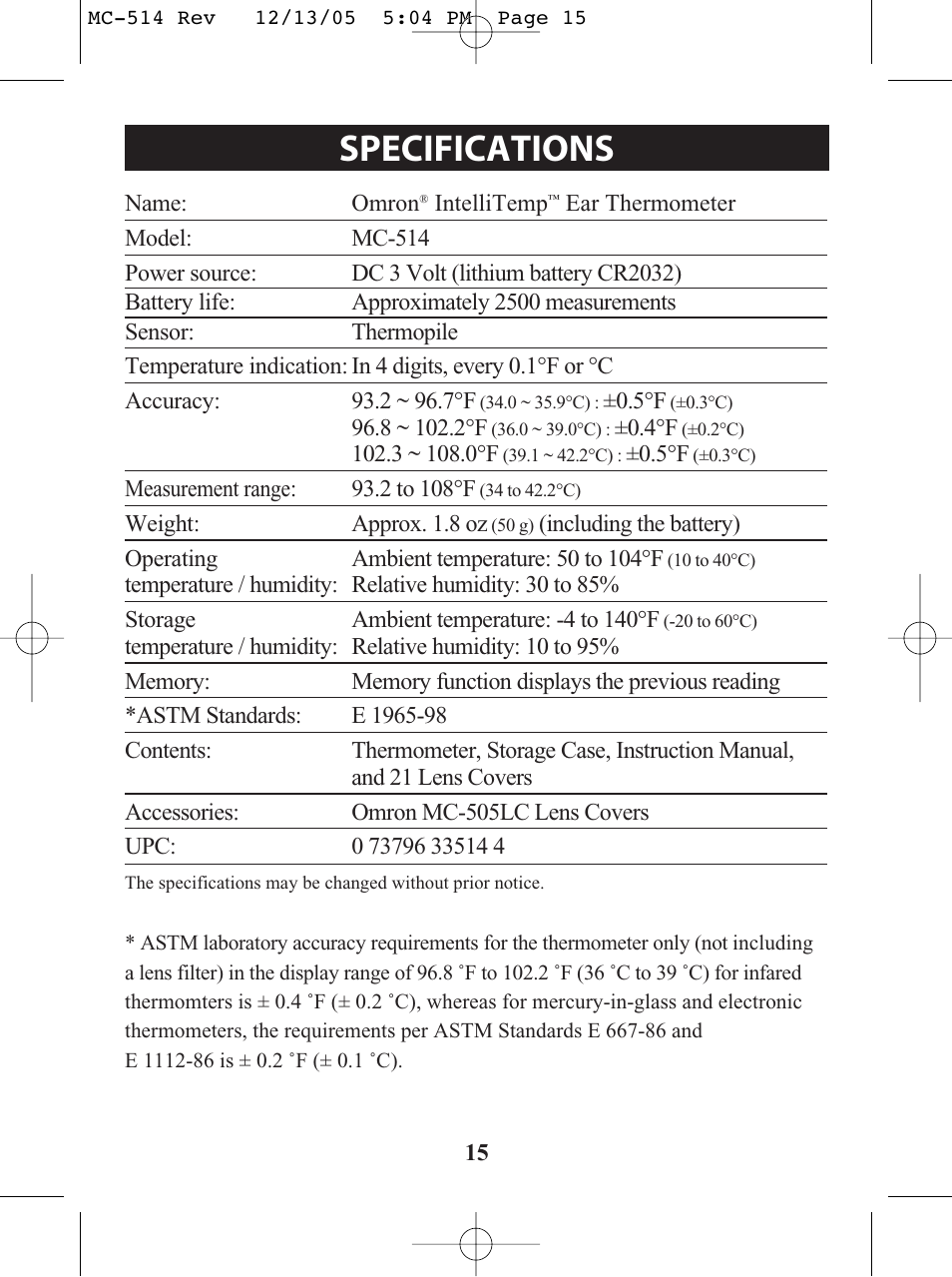 Title, Title specifications | Omron MC 514 User Manual | Page 15 / 32