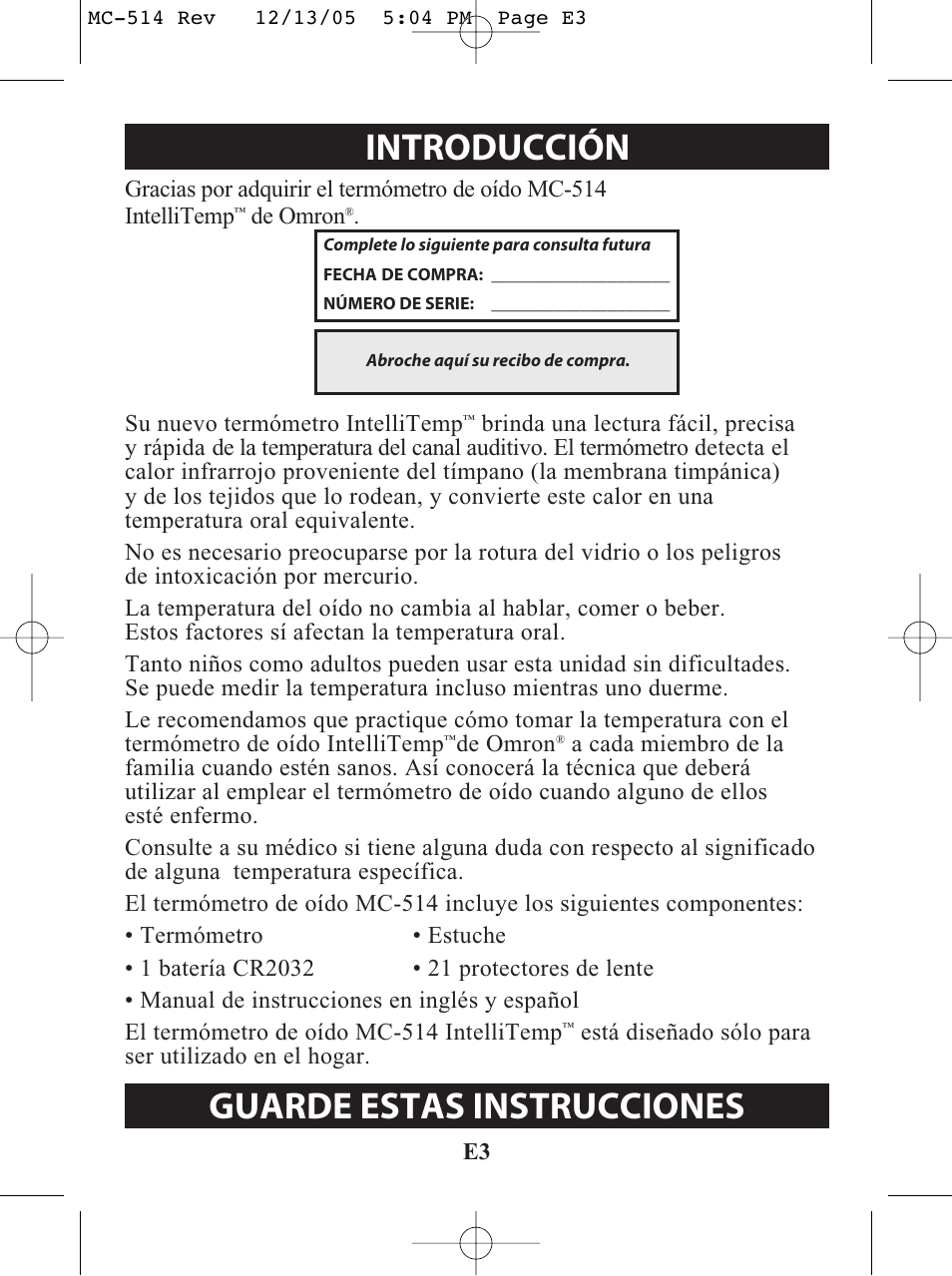 Introducción, Guarde estas instrucciones | Omron MC 514 User Manual | Page 19 / 32