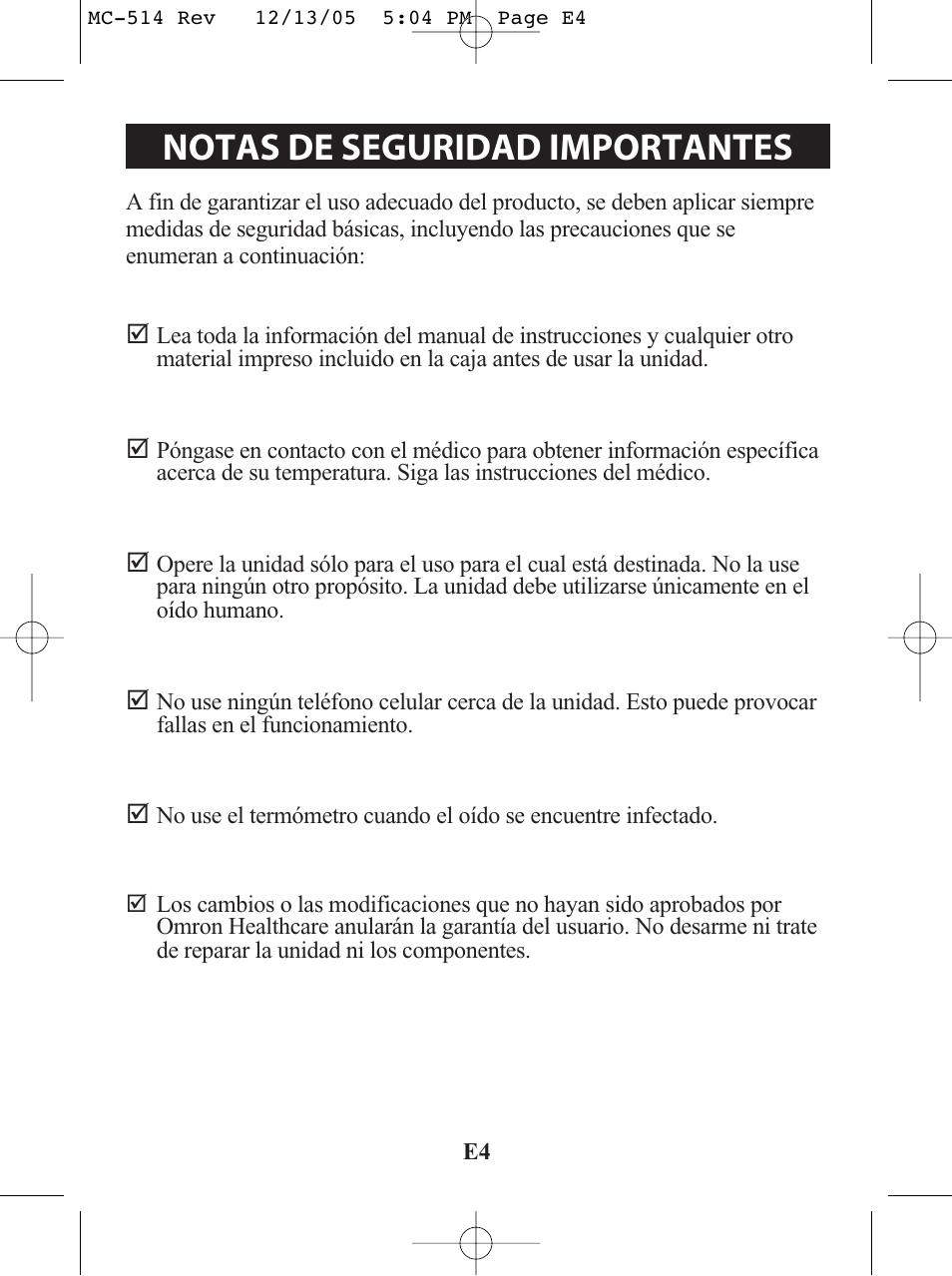 Notas de seguridad importantes | Omron MC 514 User Manual | Page 20 / 32
