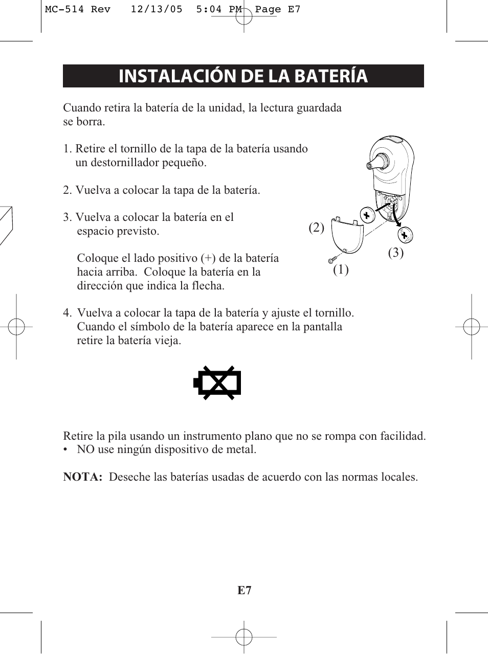 Título instalación de la batería | Omron MC 514 User Manual | Page 23 / 32