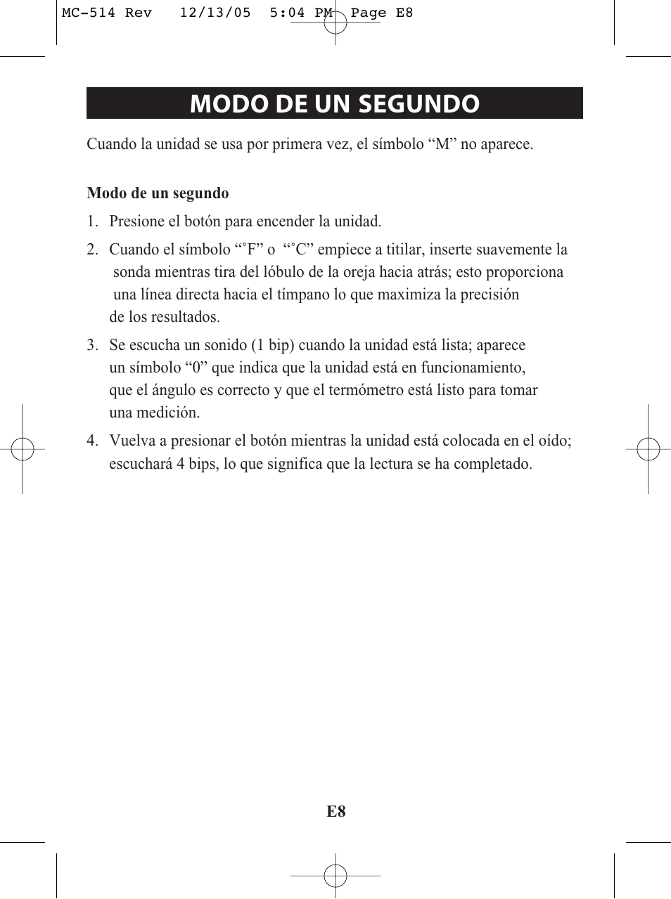Modo de un segundo | Omron MC 514 User Manual | Page 24 / 32