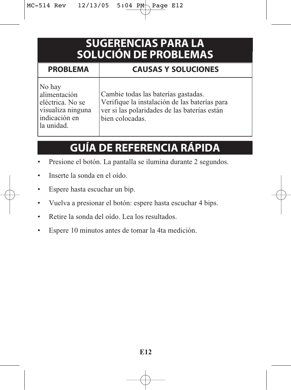 Título, Título sugerencias para la solución de problemas, Guía de referencia rápida | Omron MC 514 User Manual | Page 28 / 32