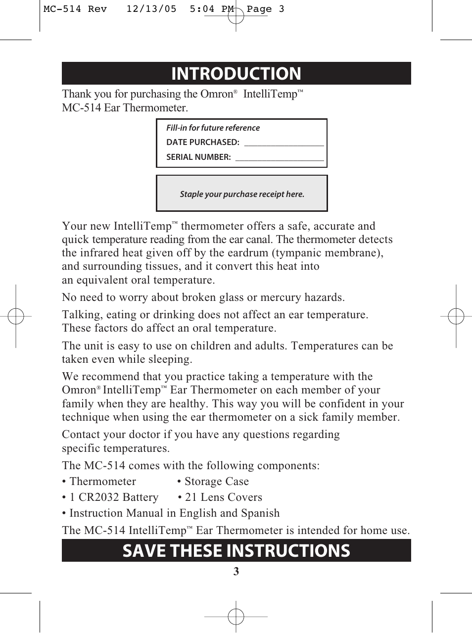 Introduction, Save these instructions | Omron MC 514 User Manual | Page 3 / 32