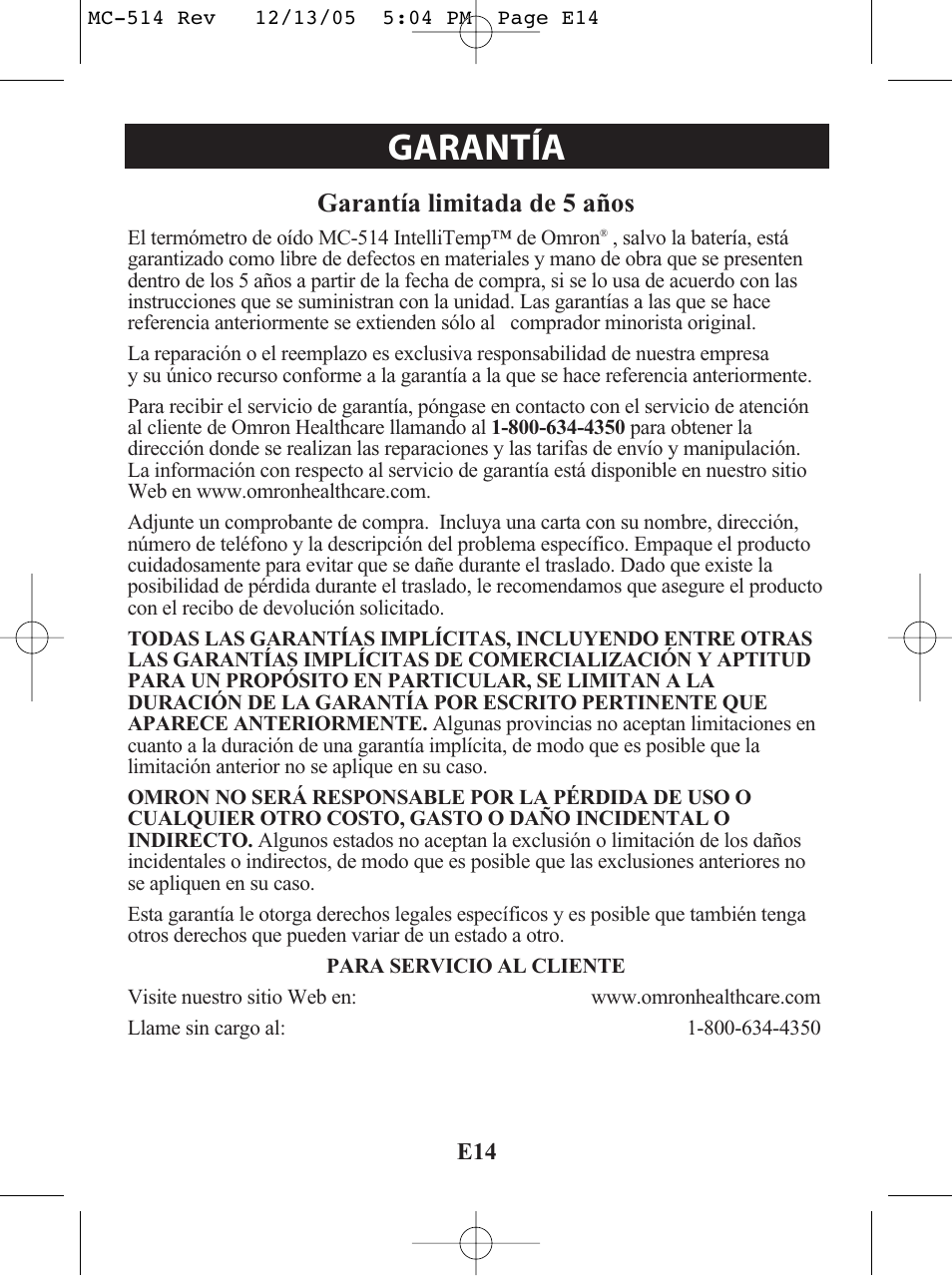 Título, Título garantía | Omron MC 514 User Manual | Page 30 / 32
