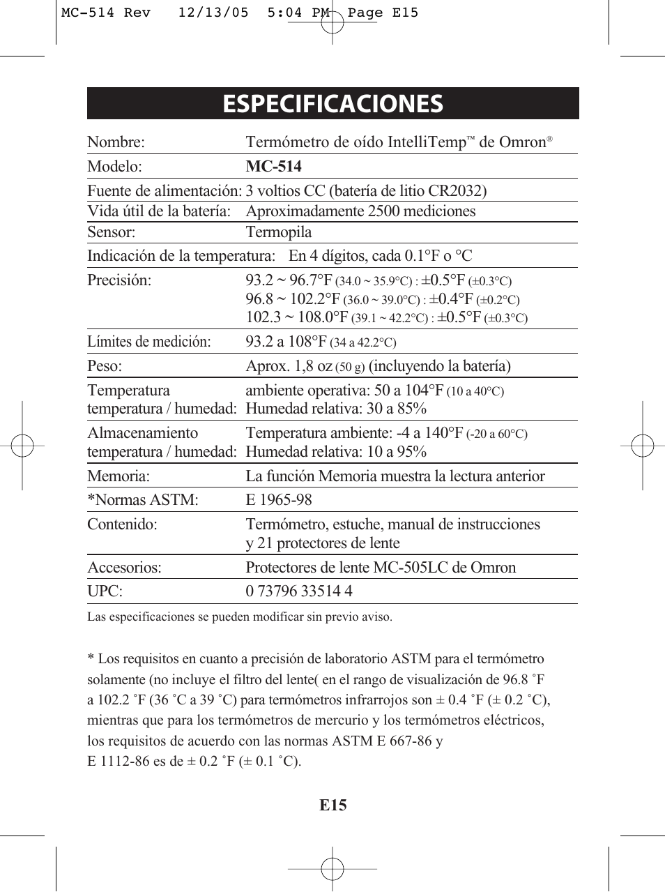 Título, Título especificaciones | Omron MC 514 User Manual | Page 31 / 32