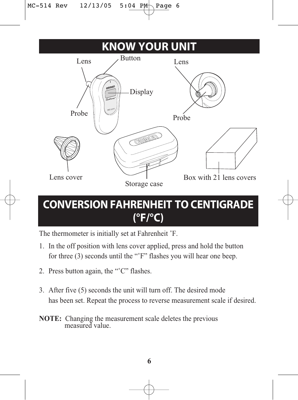 Title, Know your unit, Conversion fahrenheit to centigrade (°f/°c) | Omron MC 514 User Manual | Page 6 / 32