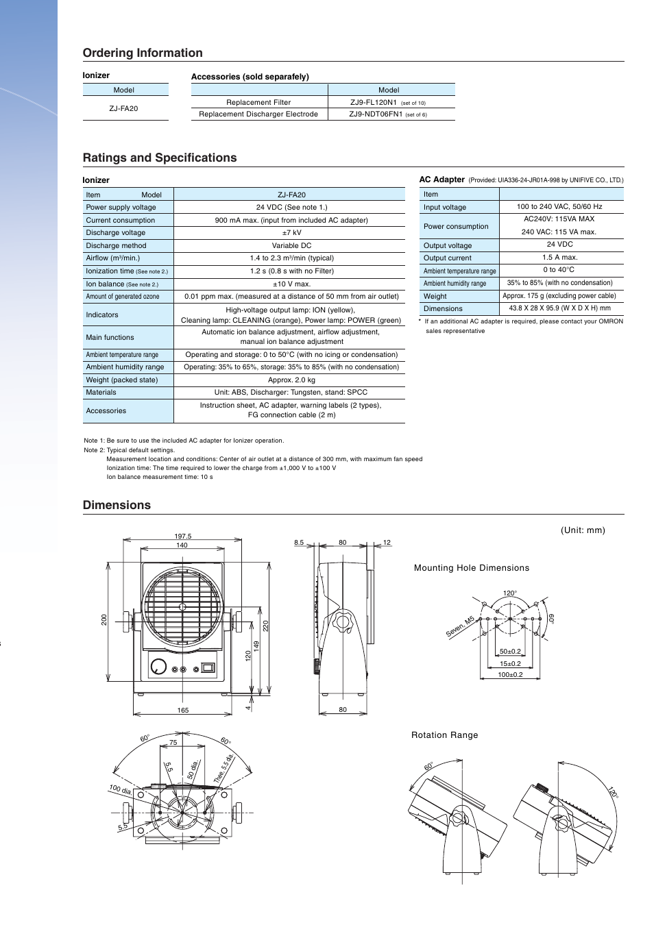 Ratings and specifications dimensions, Ordering information | Omron Ionizer Basic Fan ZJ-FA20 User Manual | Page 5 / 6