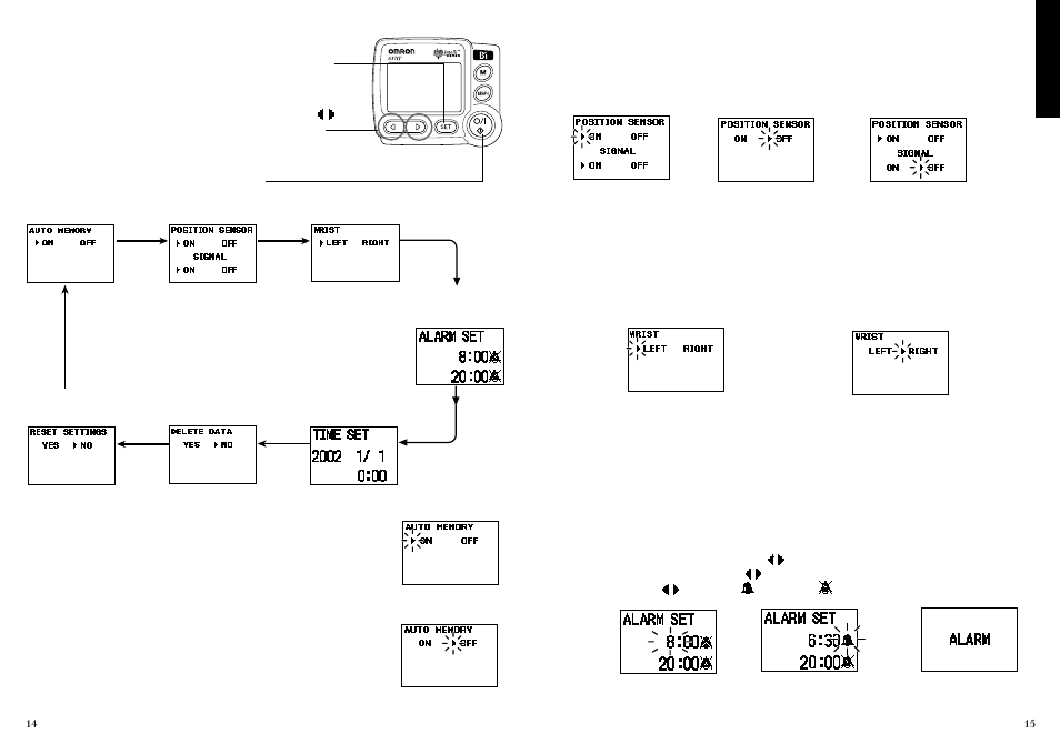 Position sensor, Left or right wrist measurement, Alarm | Omron INTELLI 637IT User Manual | Page 8 / 13
