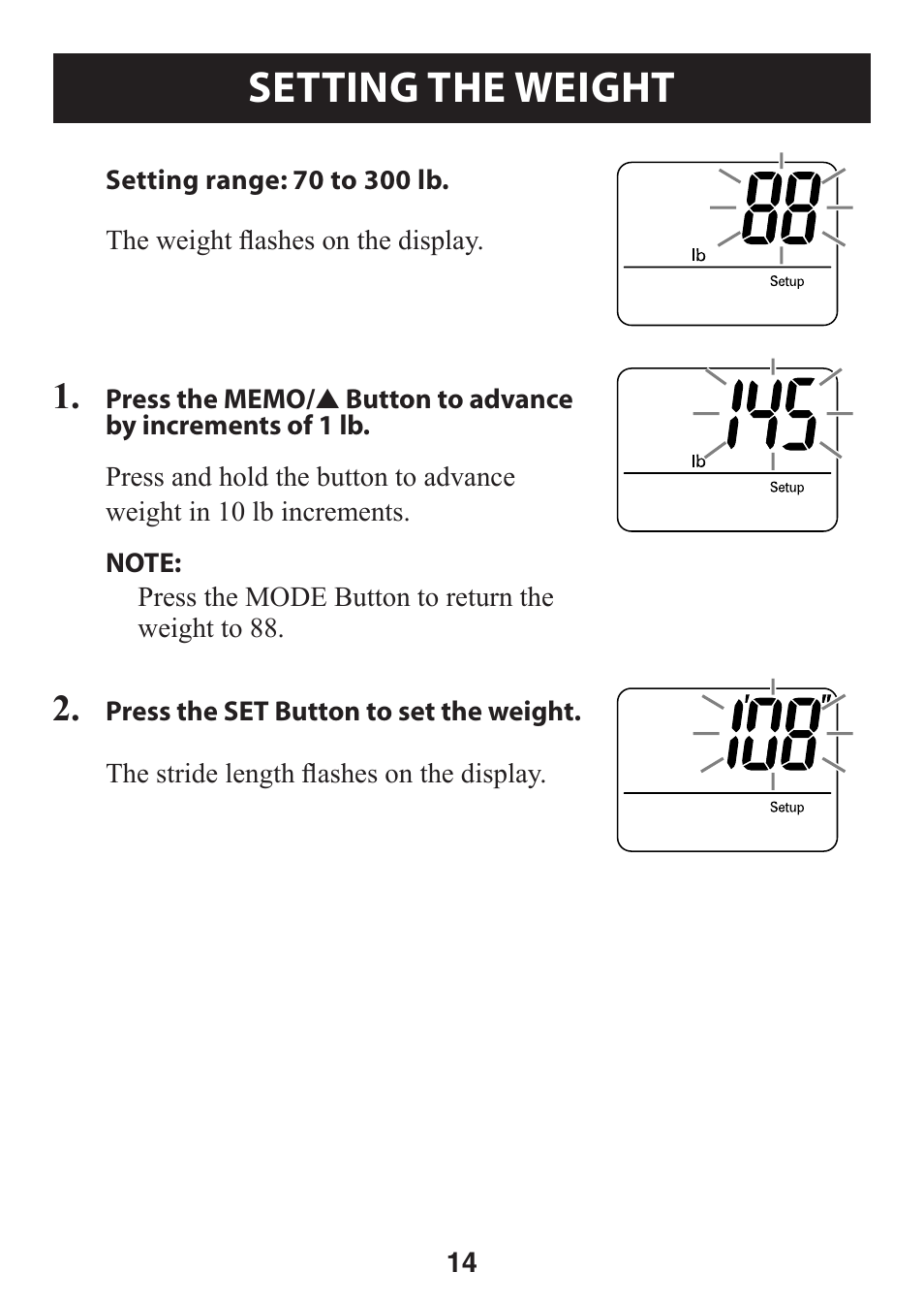 Setting the weight, Setting.the.weight | Omron GO SMART HJ-112 User Manual | Page 14 / 28