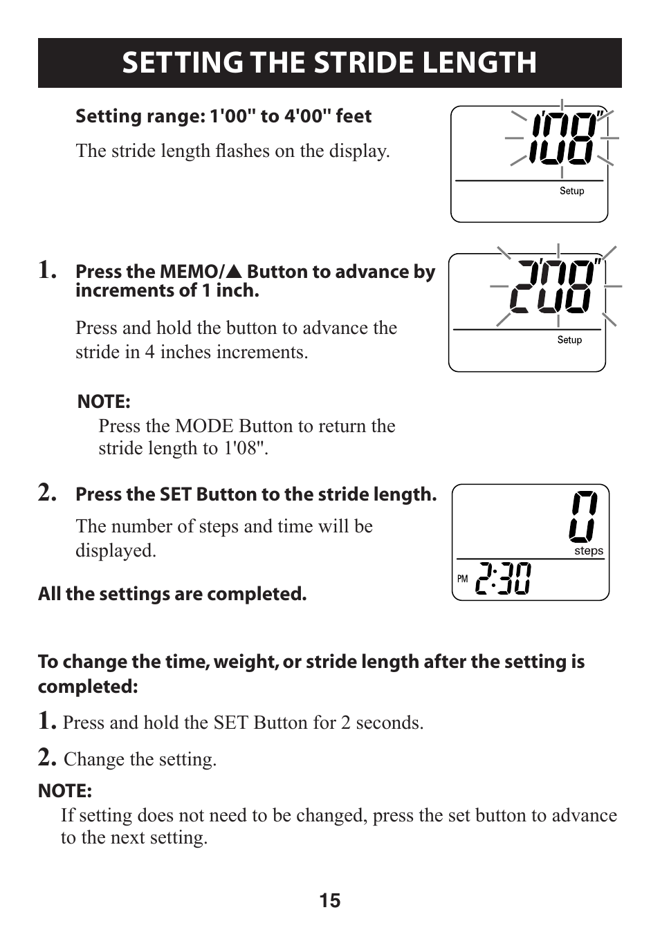 Setting the stride length, Setting.the.stride.length | Omron GO SMART HJ-112 User Manual | Page 15 / 28