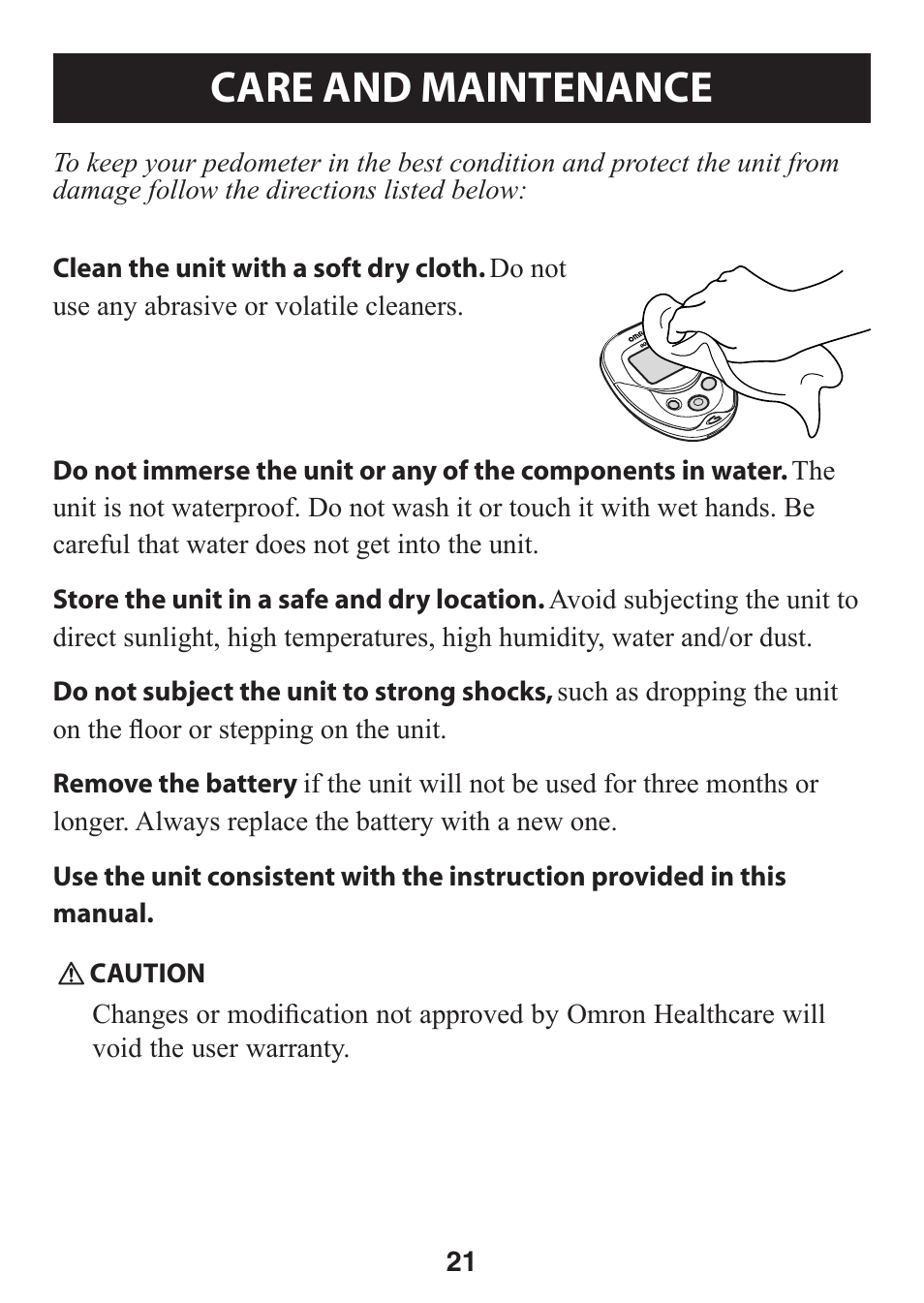 Care and maintenance, Care.and.maintenance | Omron GO SMART HJ-112 User Manual | Page 21 / 28