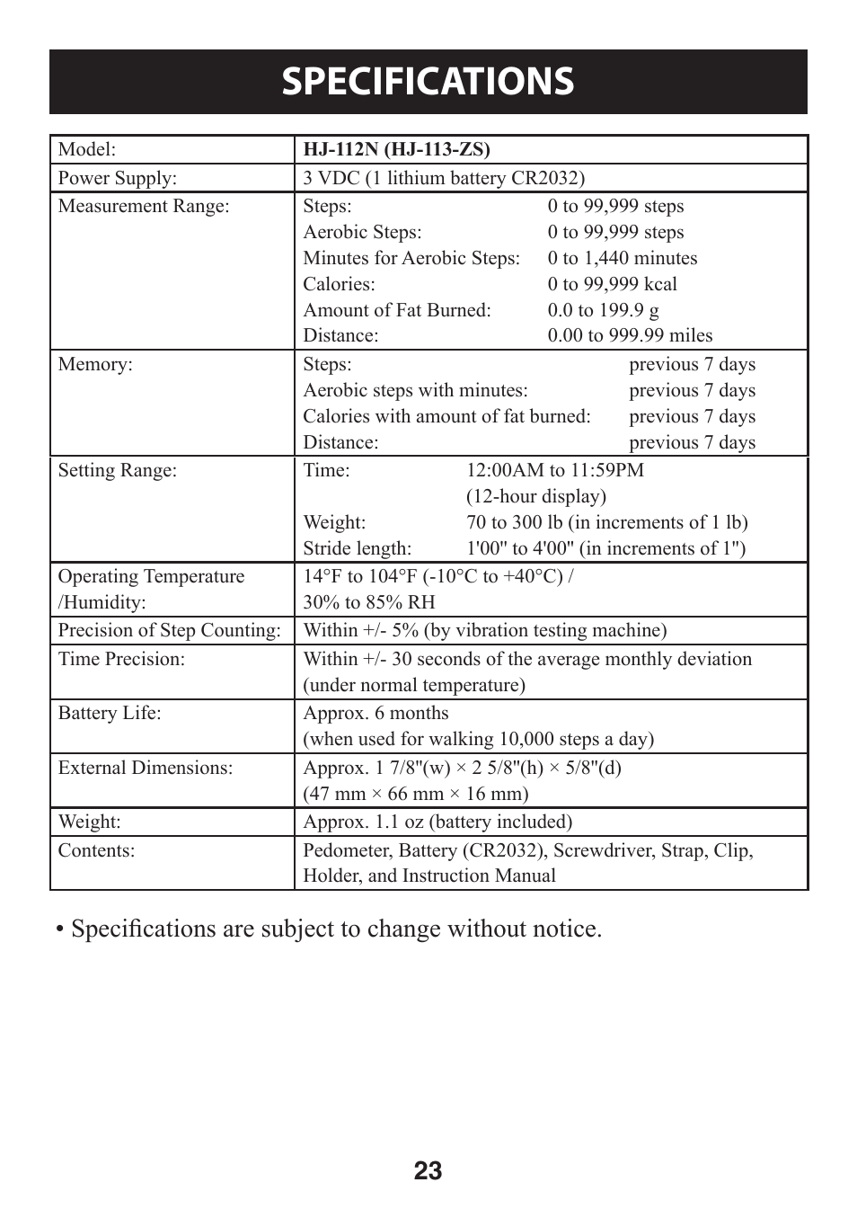 Specifications | Omron GO SMART HJ-112 User Manual | Page 23 / 28